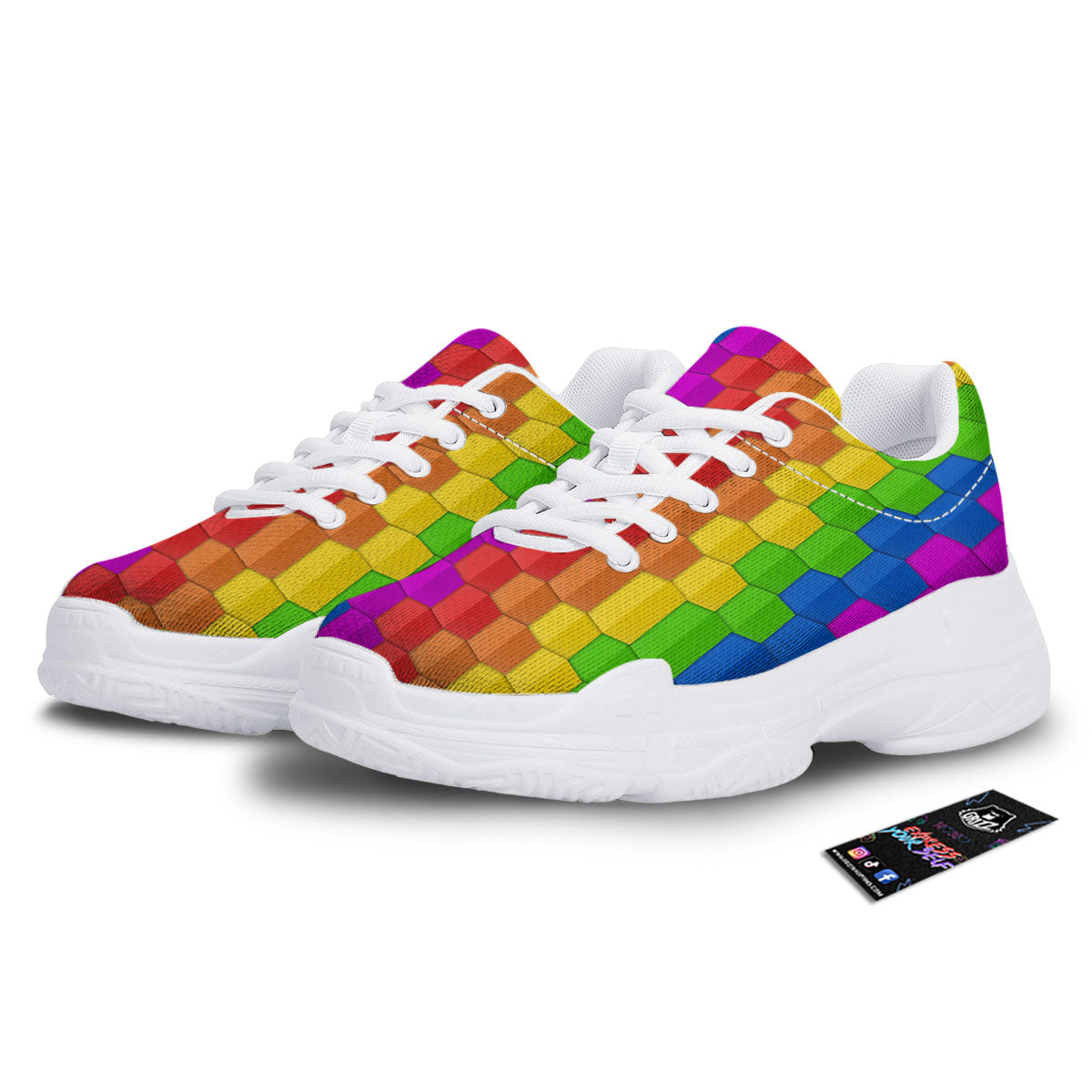 Cubes Rainbow Print Pattern White Chunky Shoes-grizzshop