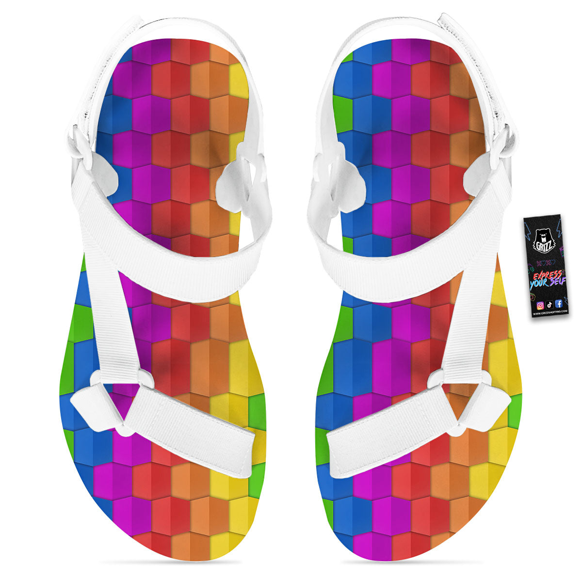 Cubes Rainbow Print Pattern White Open Toe Sandals-grizzshop