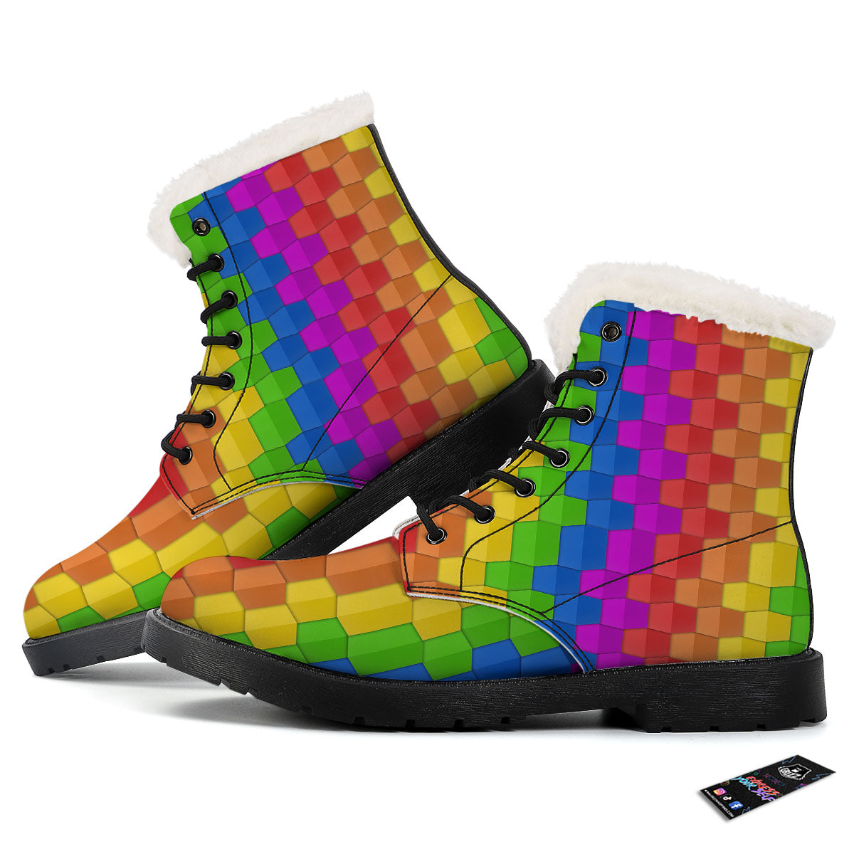 Cubes Rainbow Print Pattern Winter Boots-grizzshop