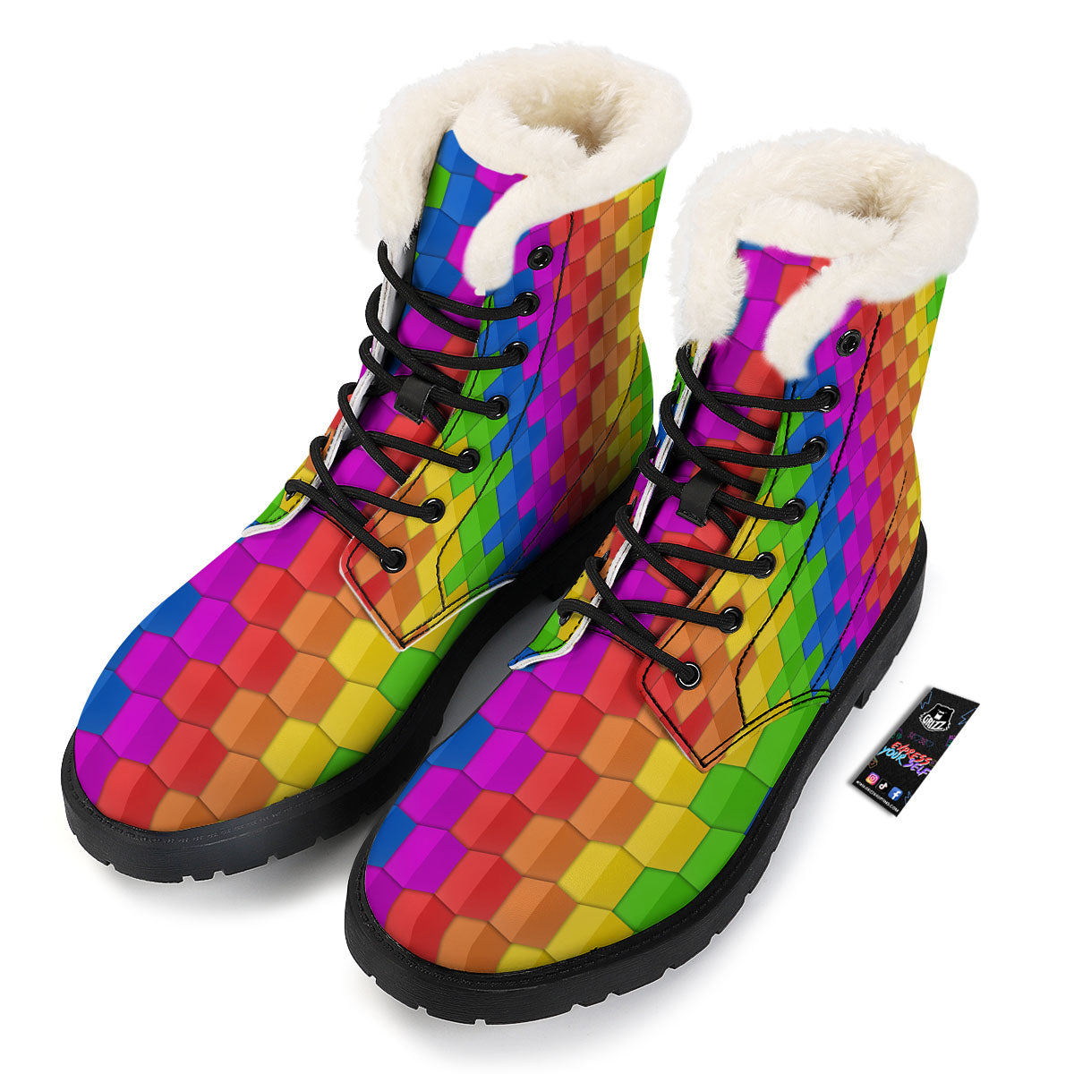 Cubes Rainbow Print Pattern Winter Boots-grizzshop