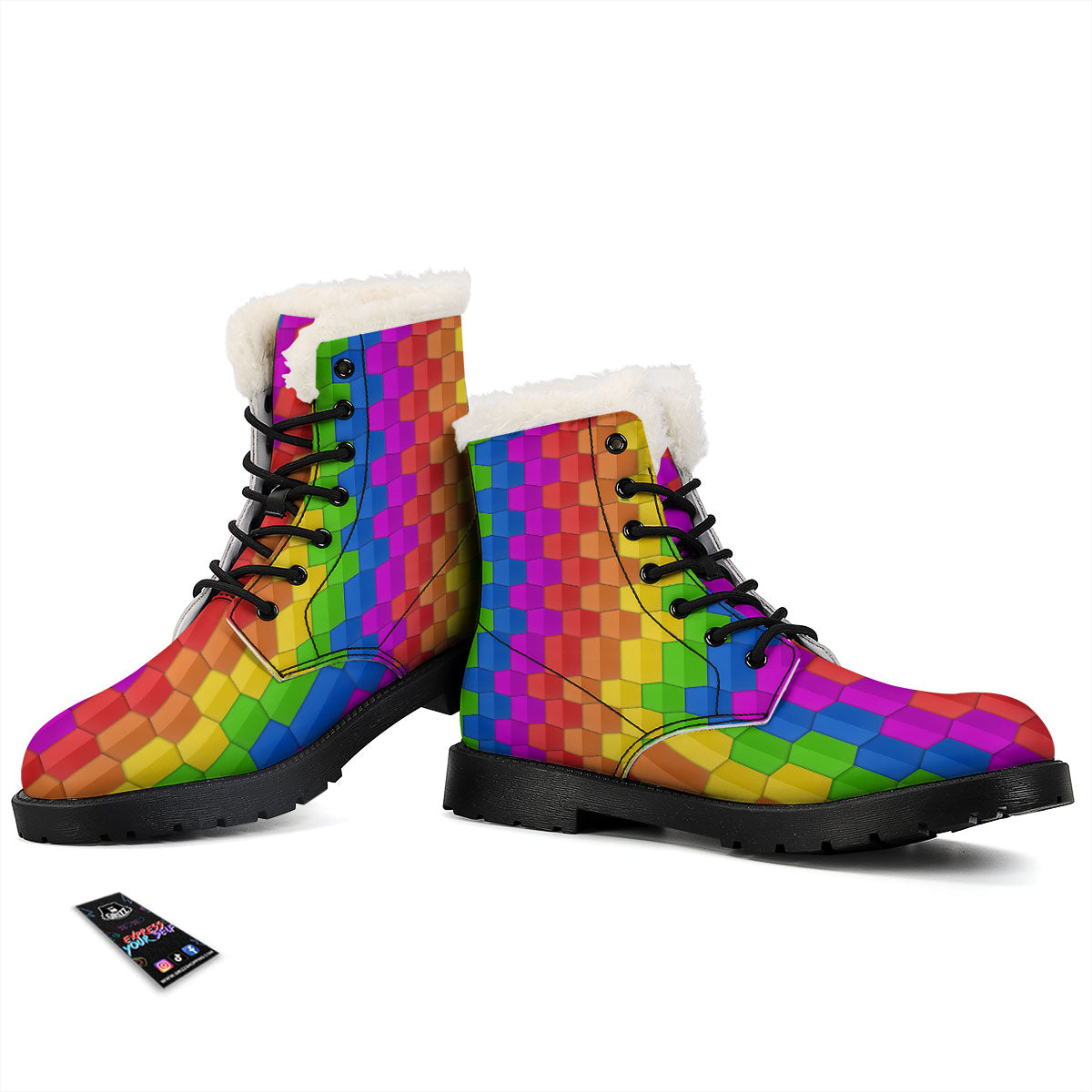 Cubes Rainbow Print Pattern Winter Boots-grizzshop