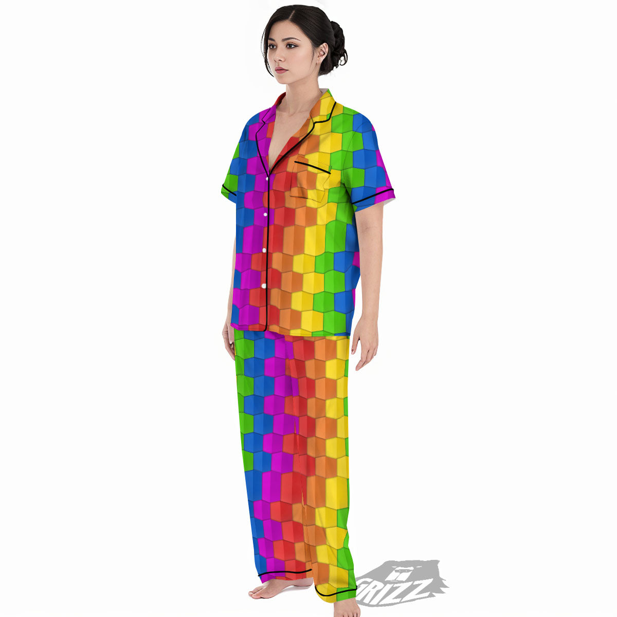 Cubes Rainbow Print Pattern Women's Pajamas Set-grizzshop