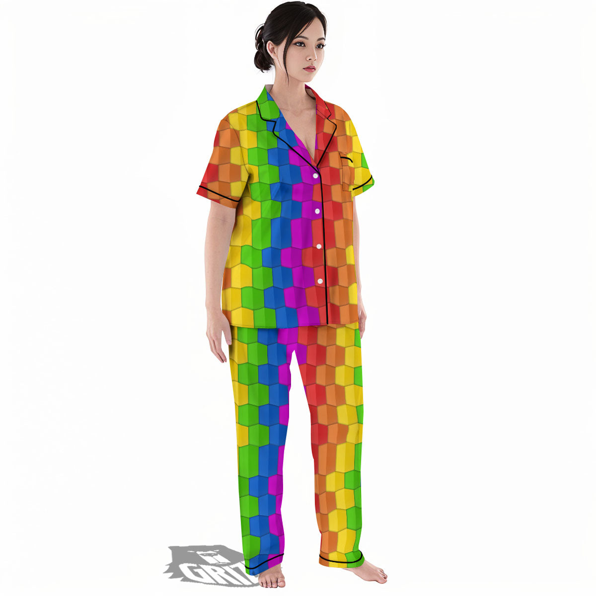 Cubes Rainbow Print Pattern Women's Pajamas Set-grizzshop