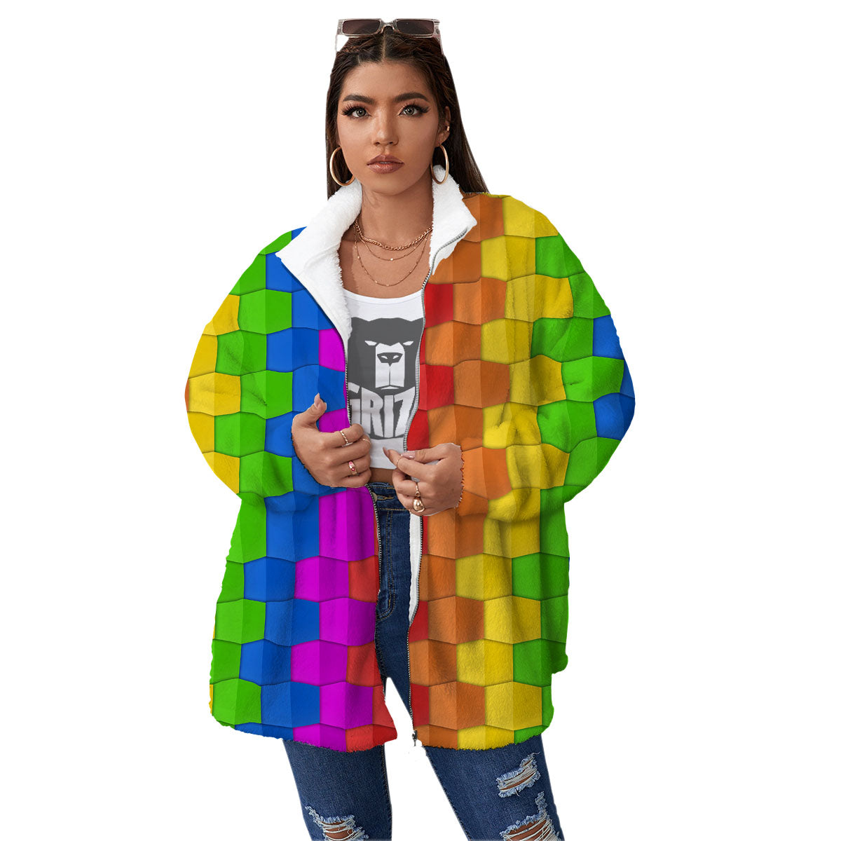 Cubes Rainbow Print Pattern Women's Sherpa Jacket-grizzshop