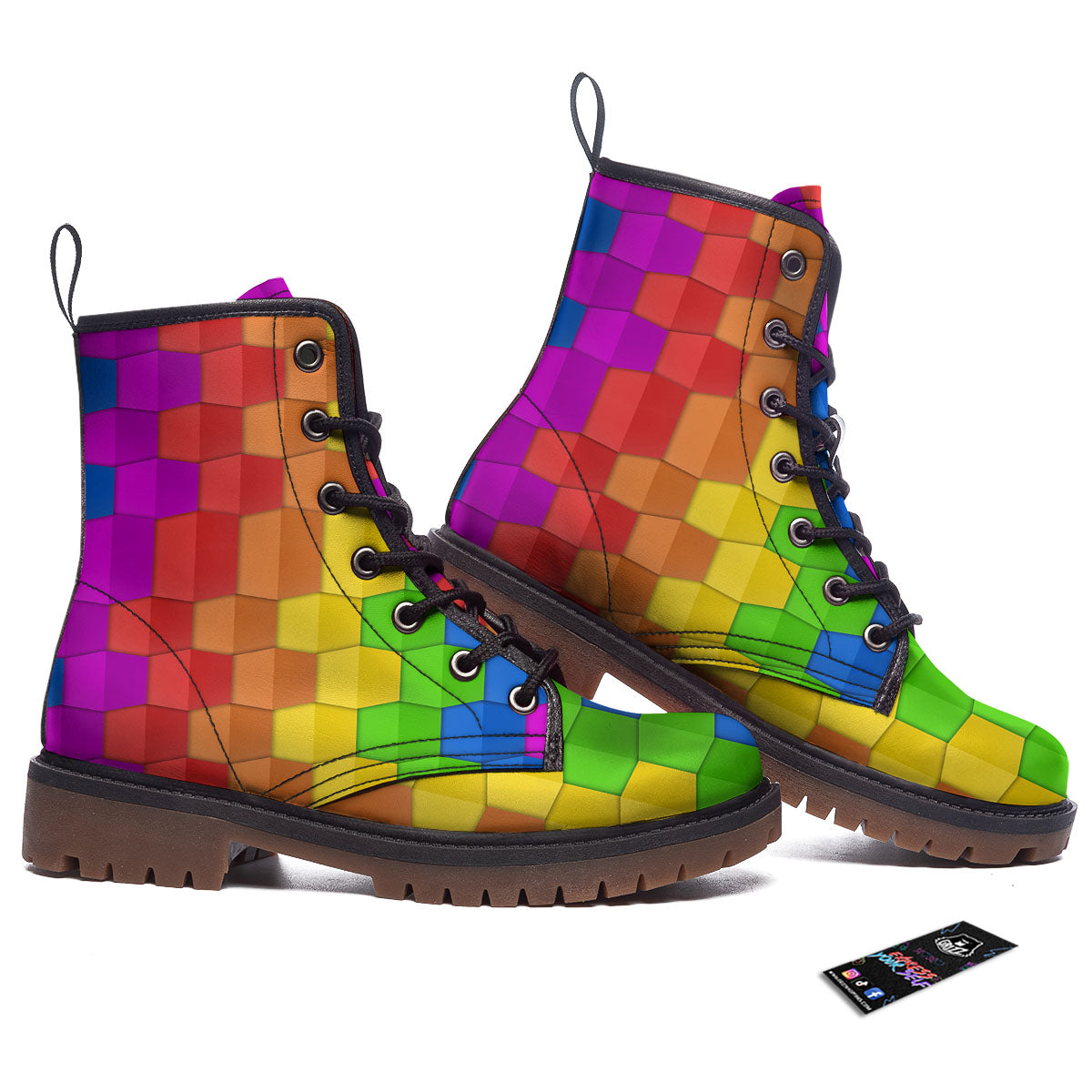 Cubes Rainbow Print Pattern Work Boots-grizzshop