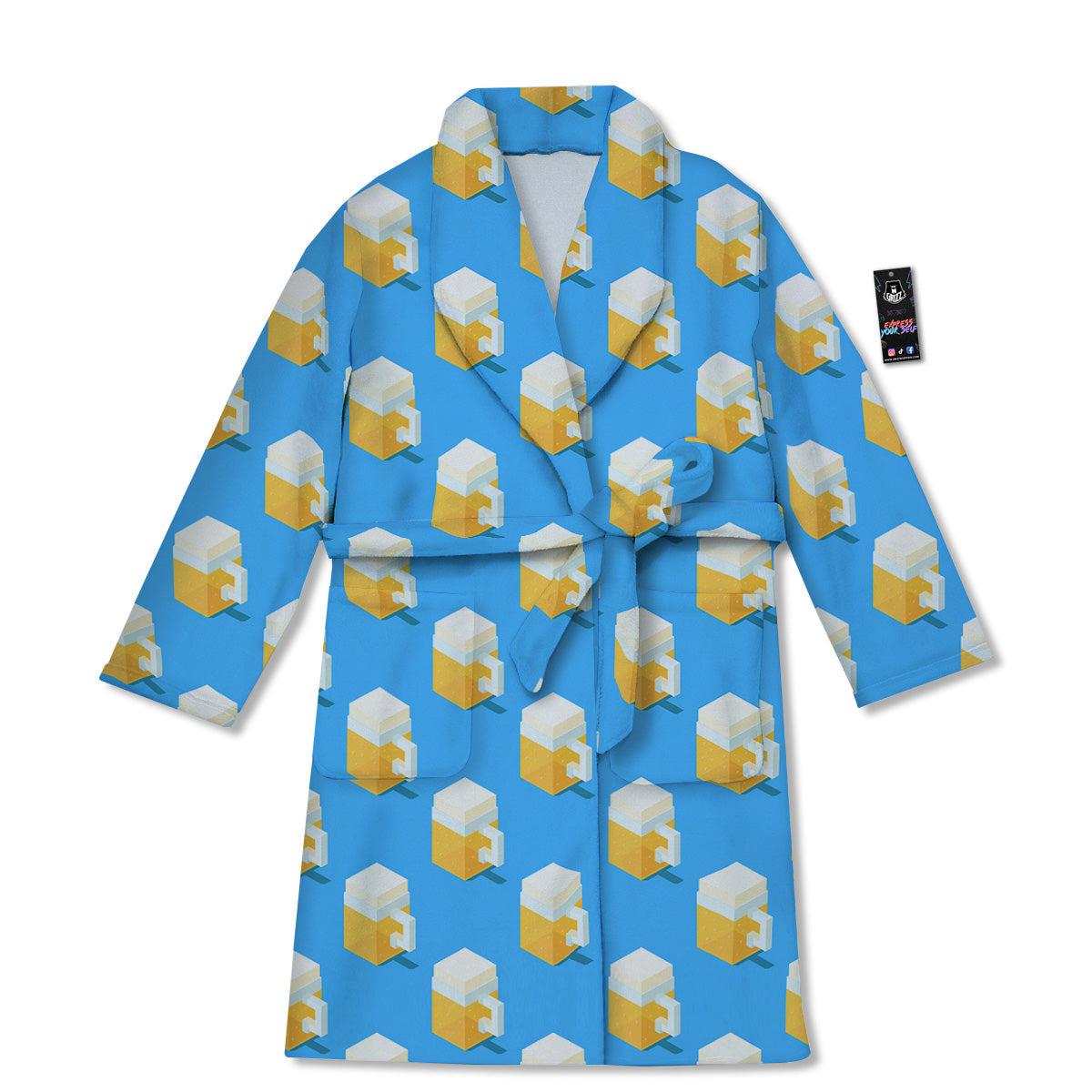Cubic Beer Mugs On Blue Print Pattern Bathrobe-grizzshop