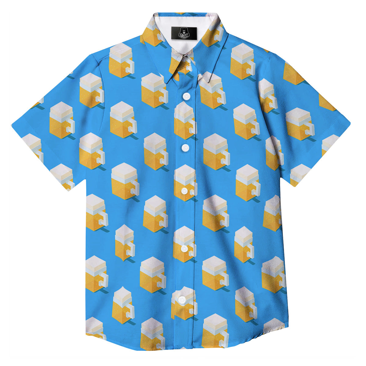 Cubic Beer Mugs On Blue Print Pattern Button Up Shirt-grizzshop
