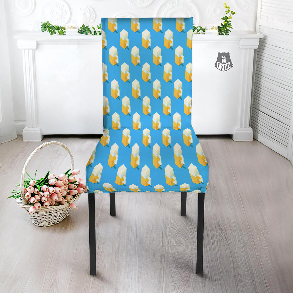 Cubic Beer Mugs On Blue Print Pattern Dining Chair Slipcover-grizzshop