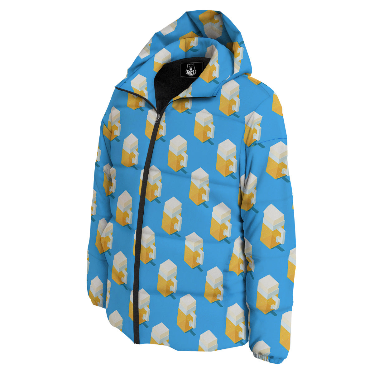 Cubic Beer Mugs On Blue Print Pattern Down Jacket-grizzshop