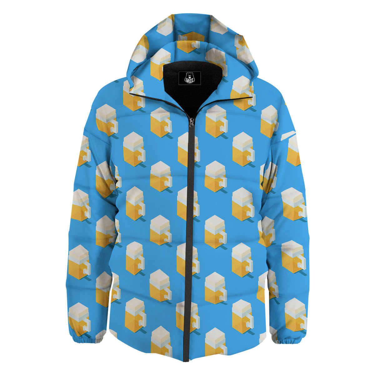 Cubic Beer Mugs On Blue Print Pattern Down Jacket-grizzshop