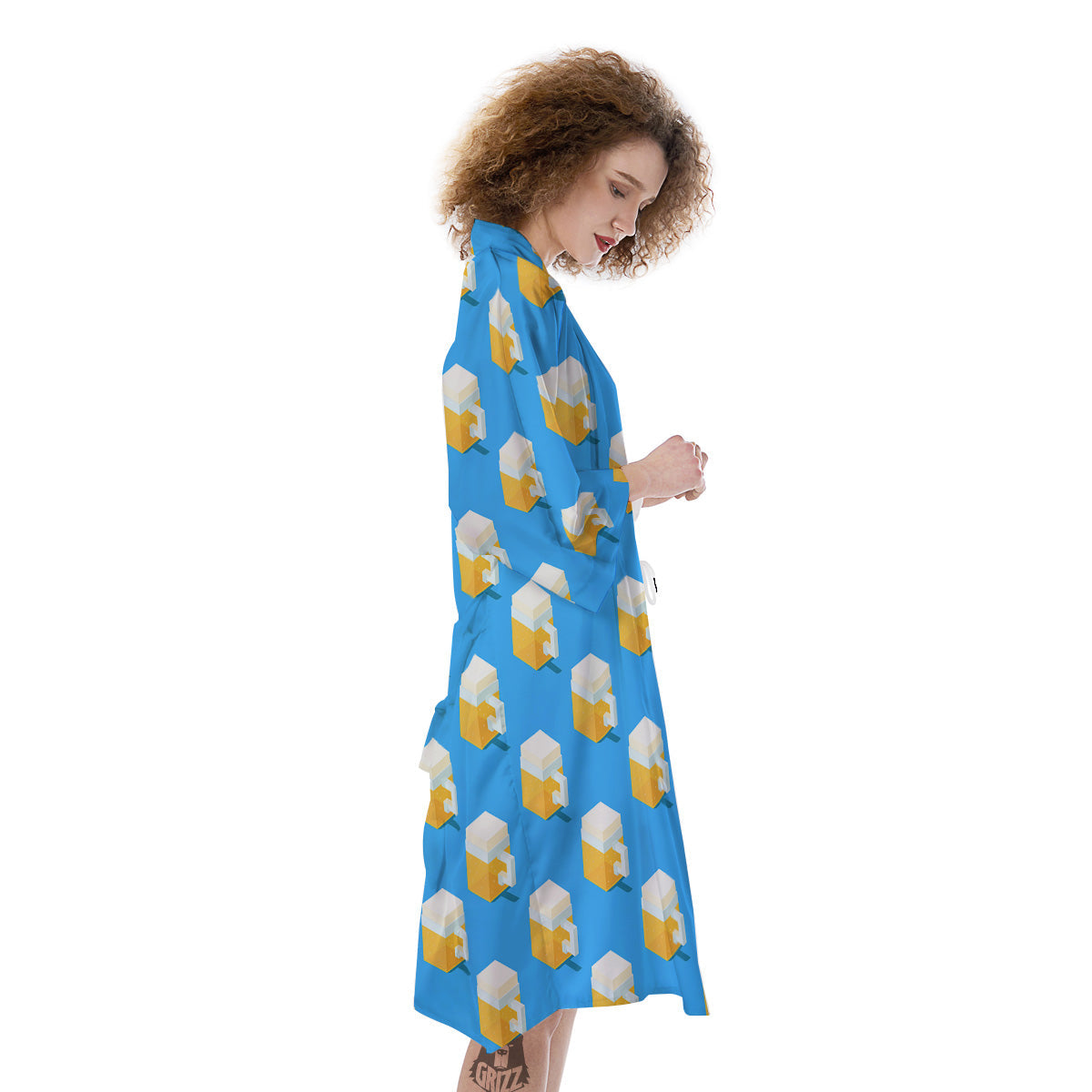 Cubic Beer Mugs On Blue Print Pattern Kimono-grizzshop