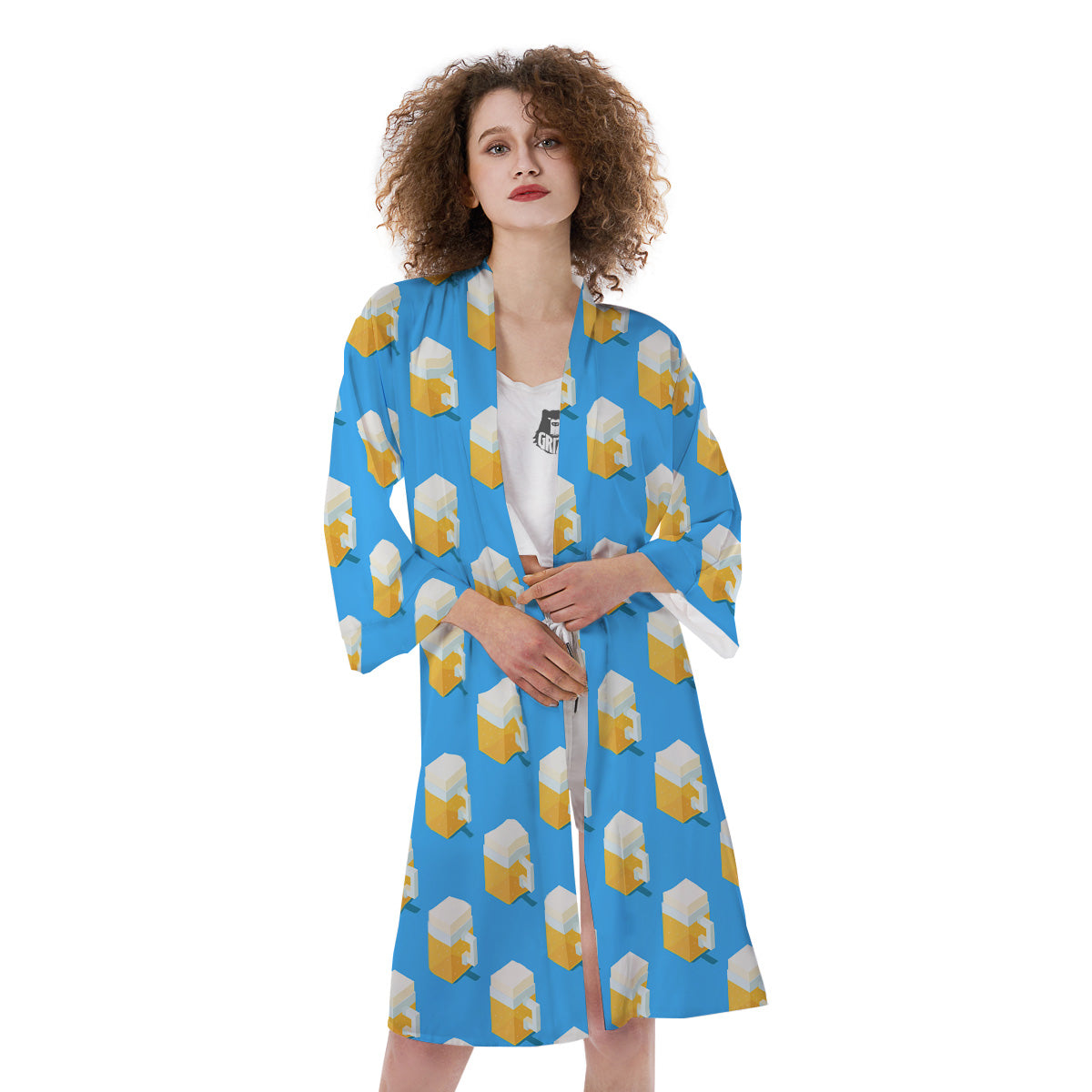 Cubic Beer Mugs On Blue Print Pattern Kimono-grizzshop