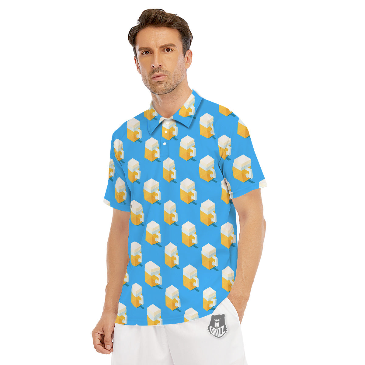 Cubic Beer Mugs On Blue Print Pattern Men's Golf Shirts-grizzshop