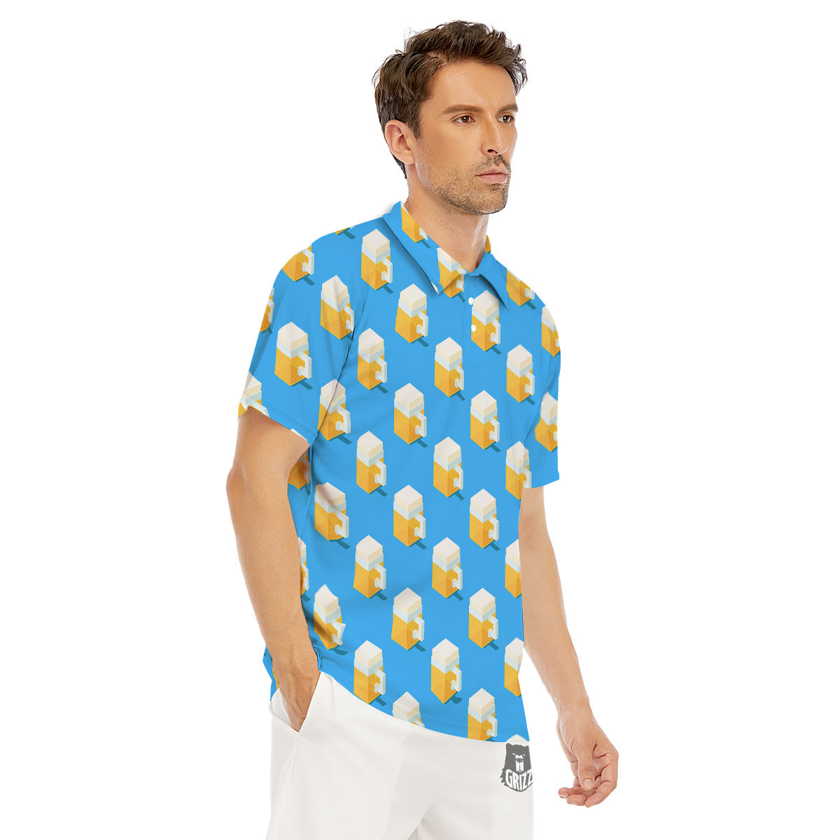 Cubic Beer Mugs On Blue Print Pattern Men's Golf Shirts-grizzshop