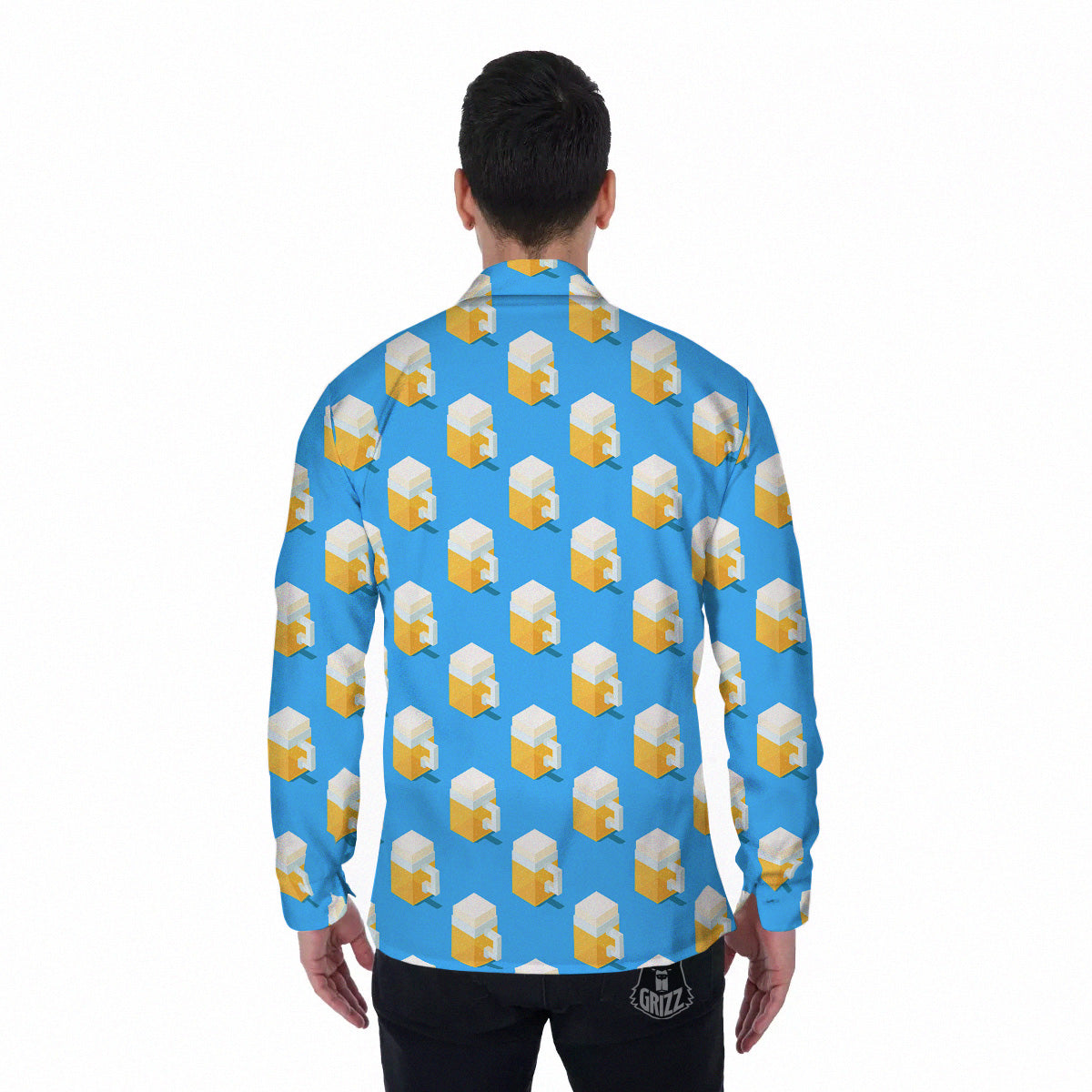 Cubic Beer Mugs On Blue Print Pattern Men's Long Sleeve Shirts-grizzshop
