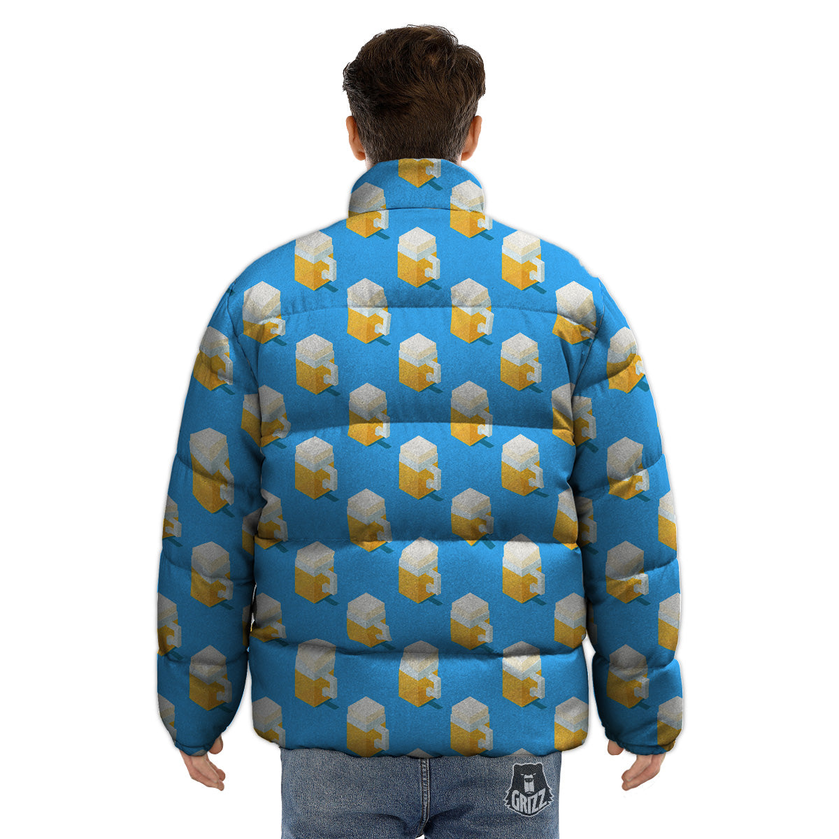 Cubic Beer Mugs On Blue Print Pattern Puffer Jacket-grizzshop