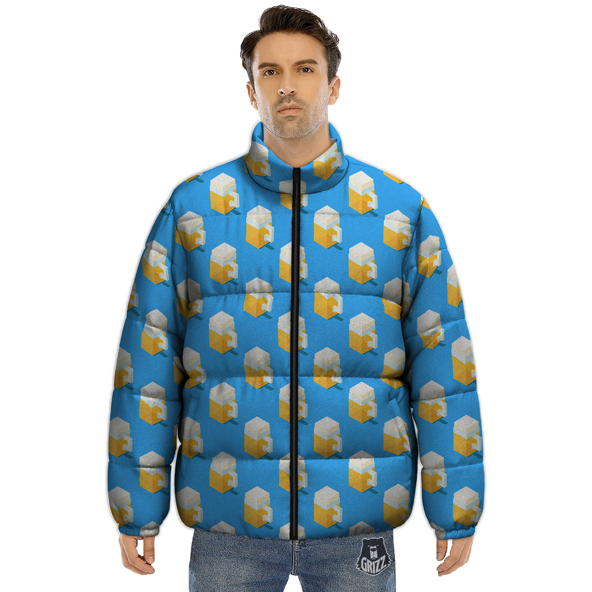 Cubic Beer Mugs On Blue Print Pattern Puffer Jacket-grizzshop