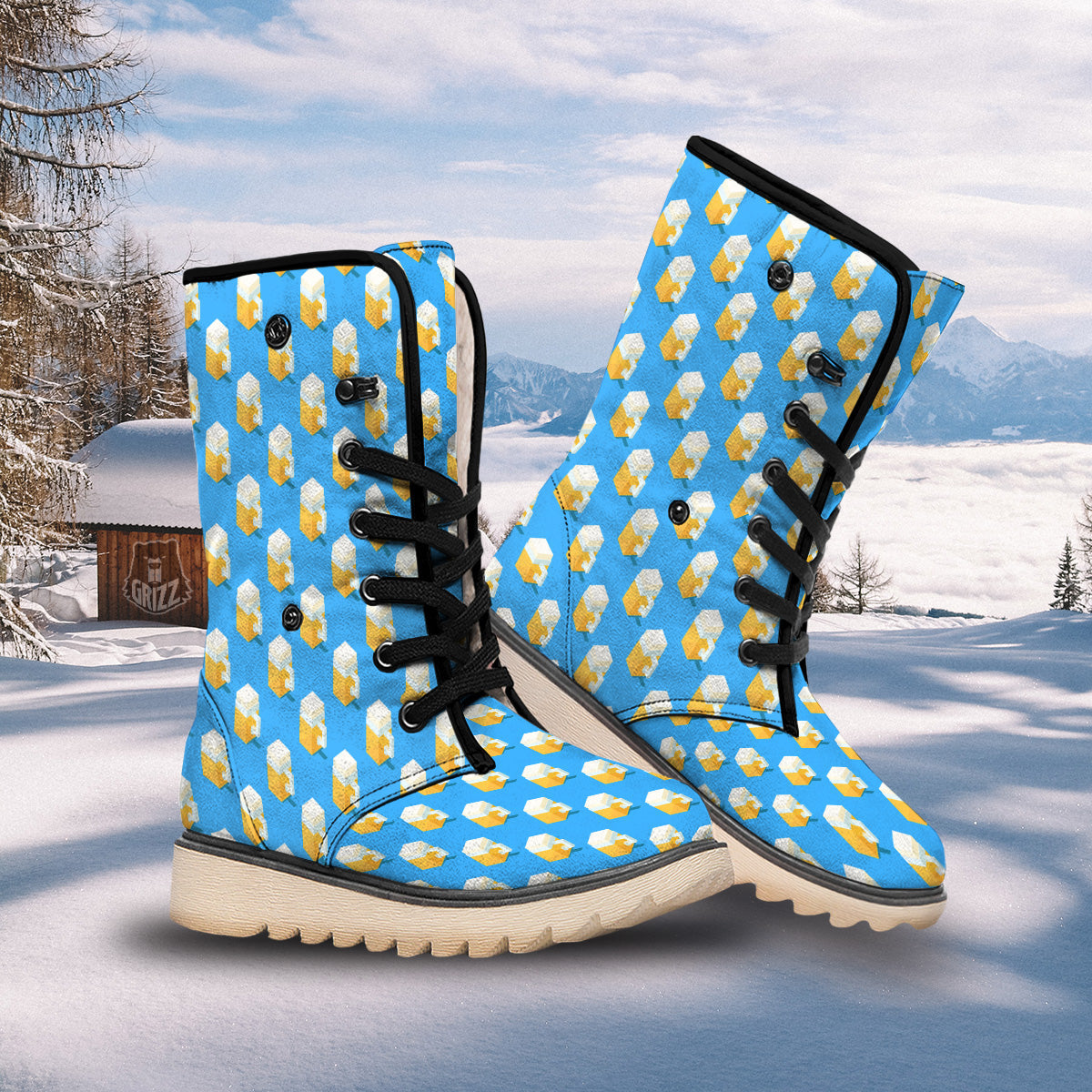 Cubic Beer Mugs On Blue Print Pattern Snow Boots-grizzshop