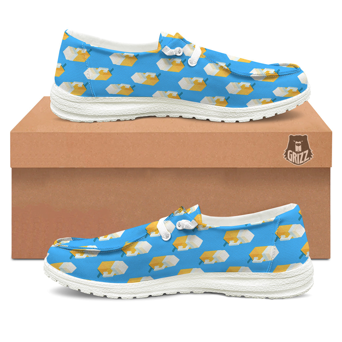 Cubic Beer Mugs On Blue Print Pattern White Loafers-grizzshop
