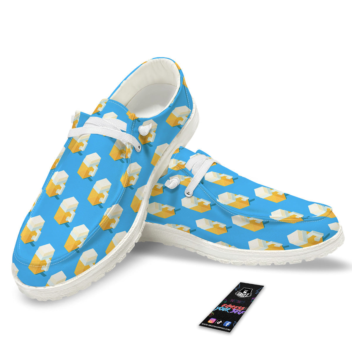Cubic Beer Mugs On Blue Print Pattern White Loafers-grizzshop