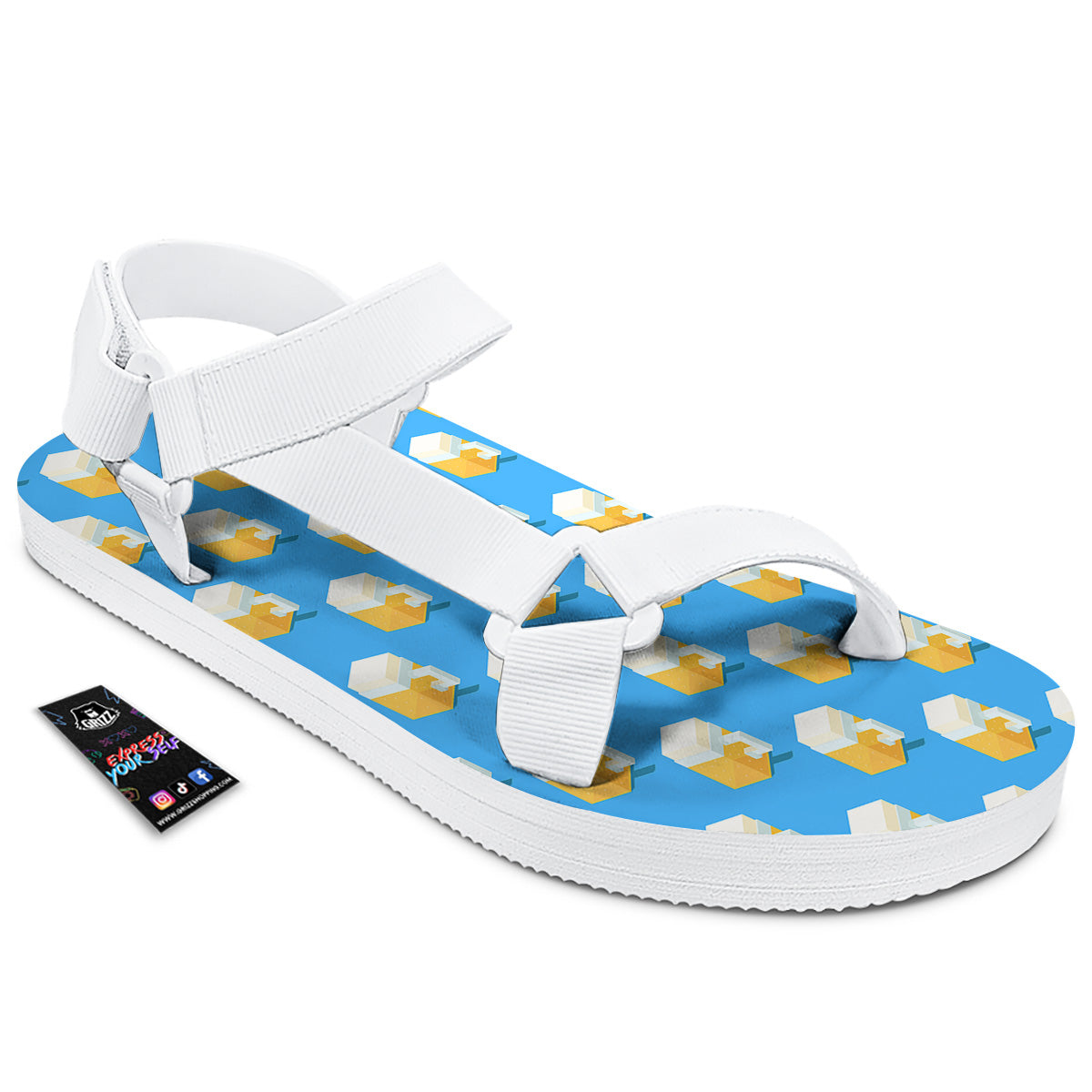 Cubic Beer Mugs On Blue Print Pattern White Open Toe Sandals-grizzshop