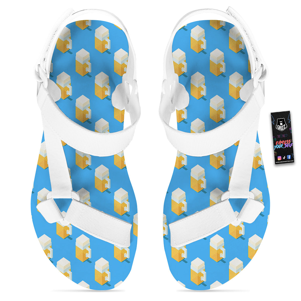 Cubic Beer Mugs On Blue Print Pattern White Open Toe Sandals-grizzshop