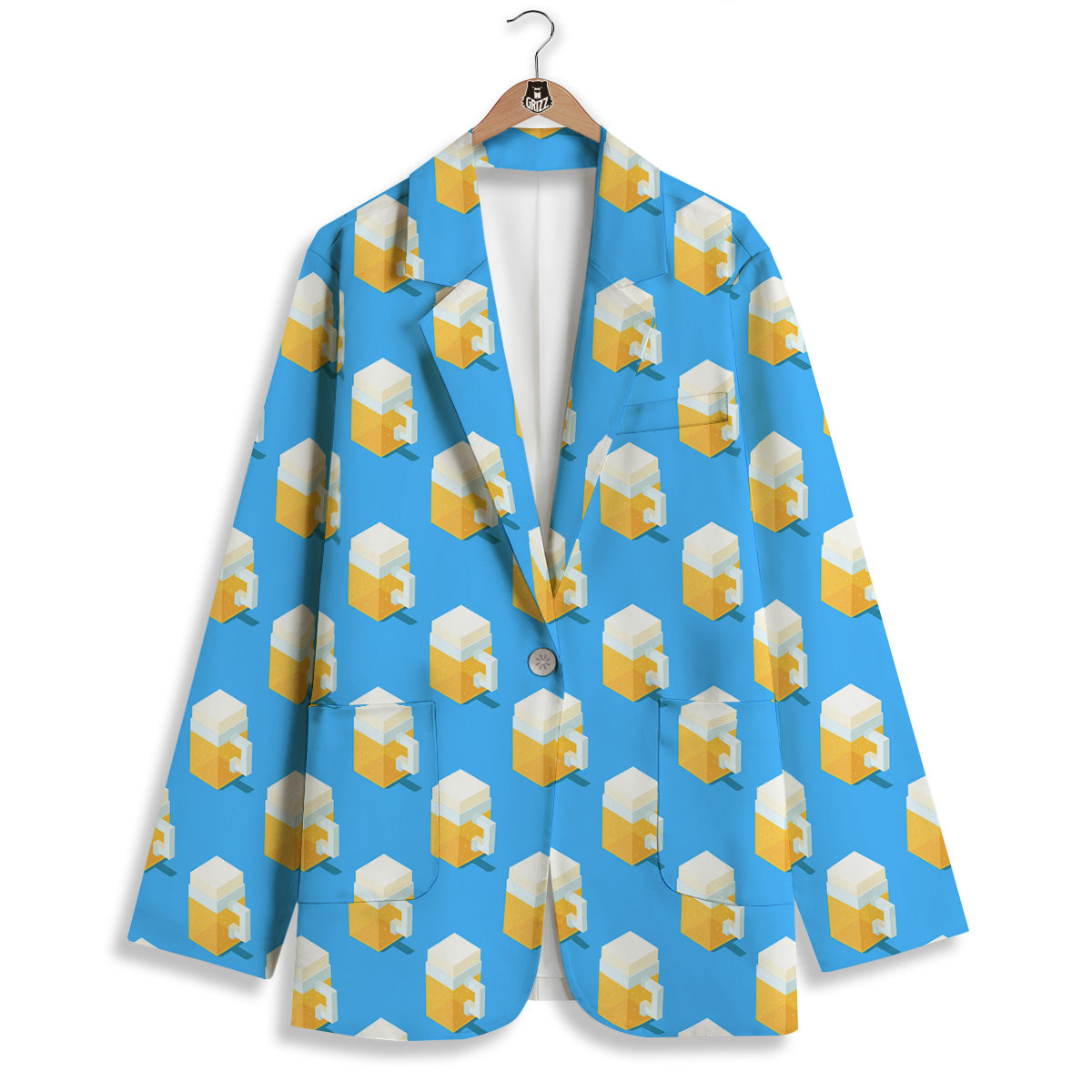 Cubic Beer Mugs On Blue Print Pattern Women's Blazer-grizzshop