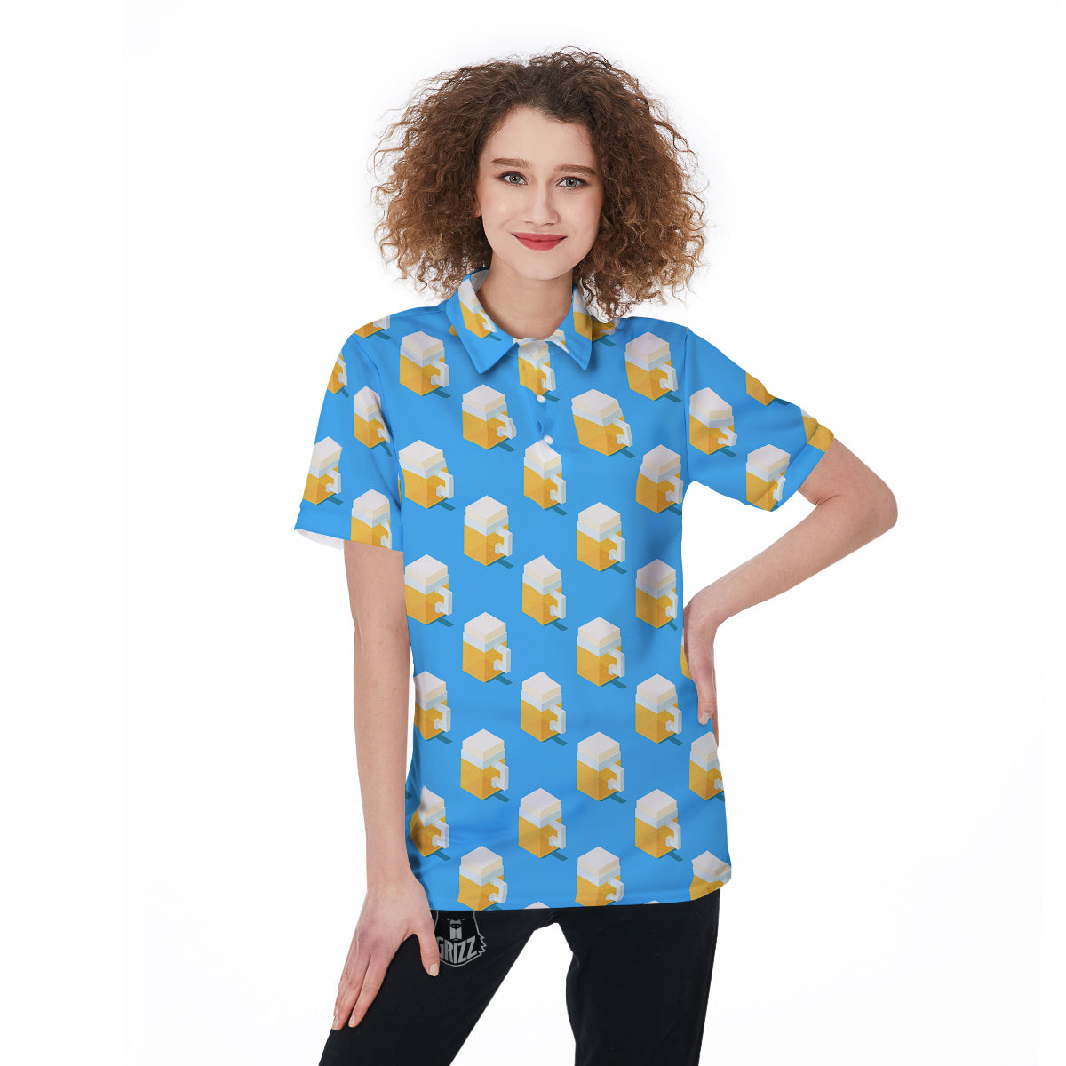 Cubic Beer Mugs On Blue Print Pattern Women's Golf Shirts-grizzshop