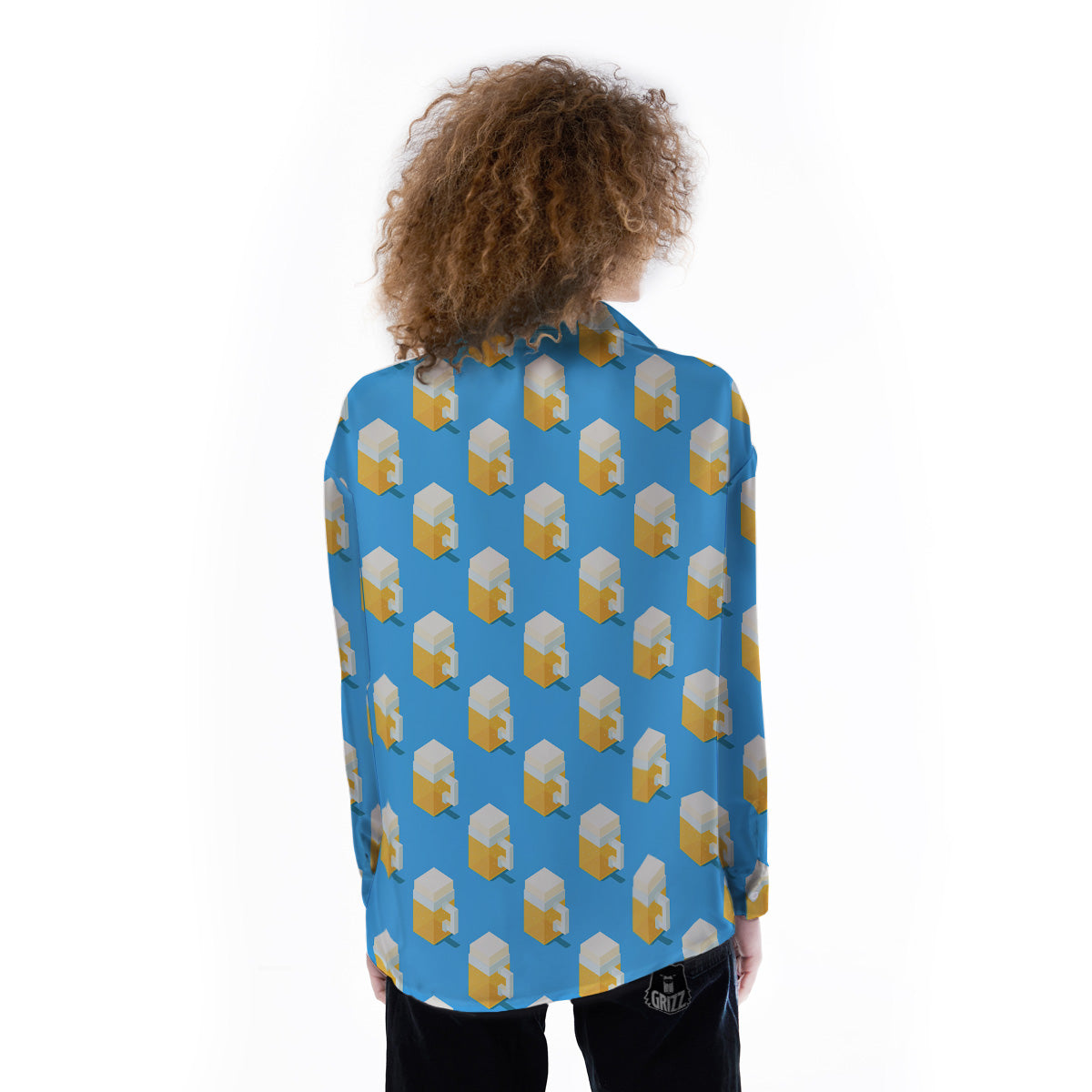 Cubic Beer Mugs On Blue Print Pattern Women's Long Sleeve Shirts-grizzshop