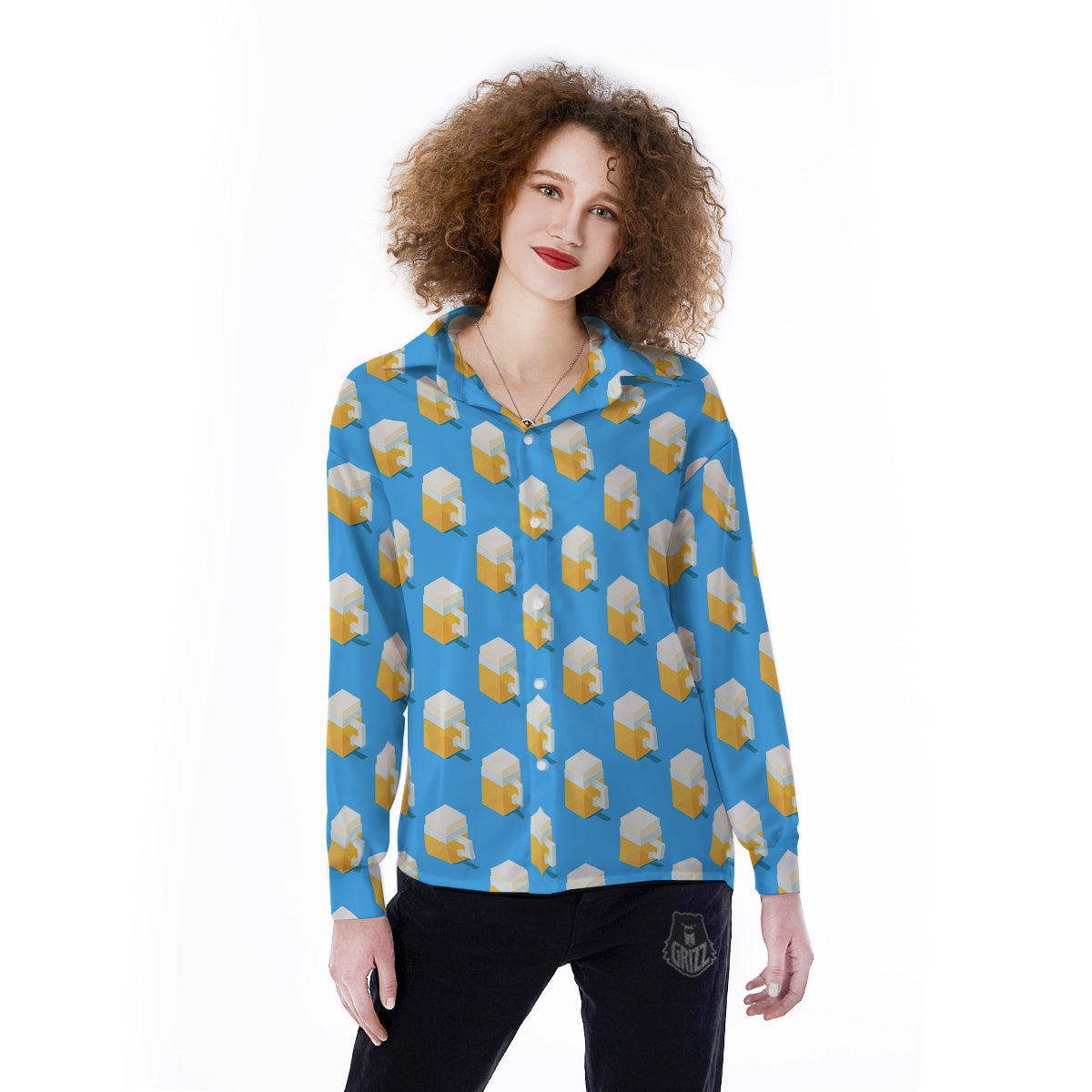 Cubic Beer Mugs On Blue Print Pattern Women's Long Sleeve Shirts-grizzshop
