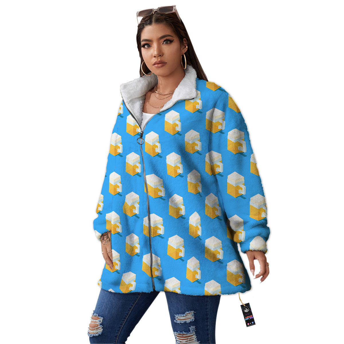 Cubic Beer Mugs On Blue Print Pattern Women's Sherpa Jacket-grizzshop