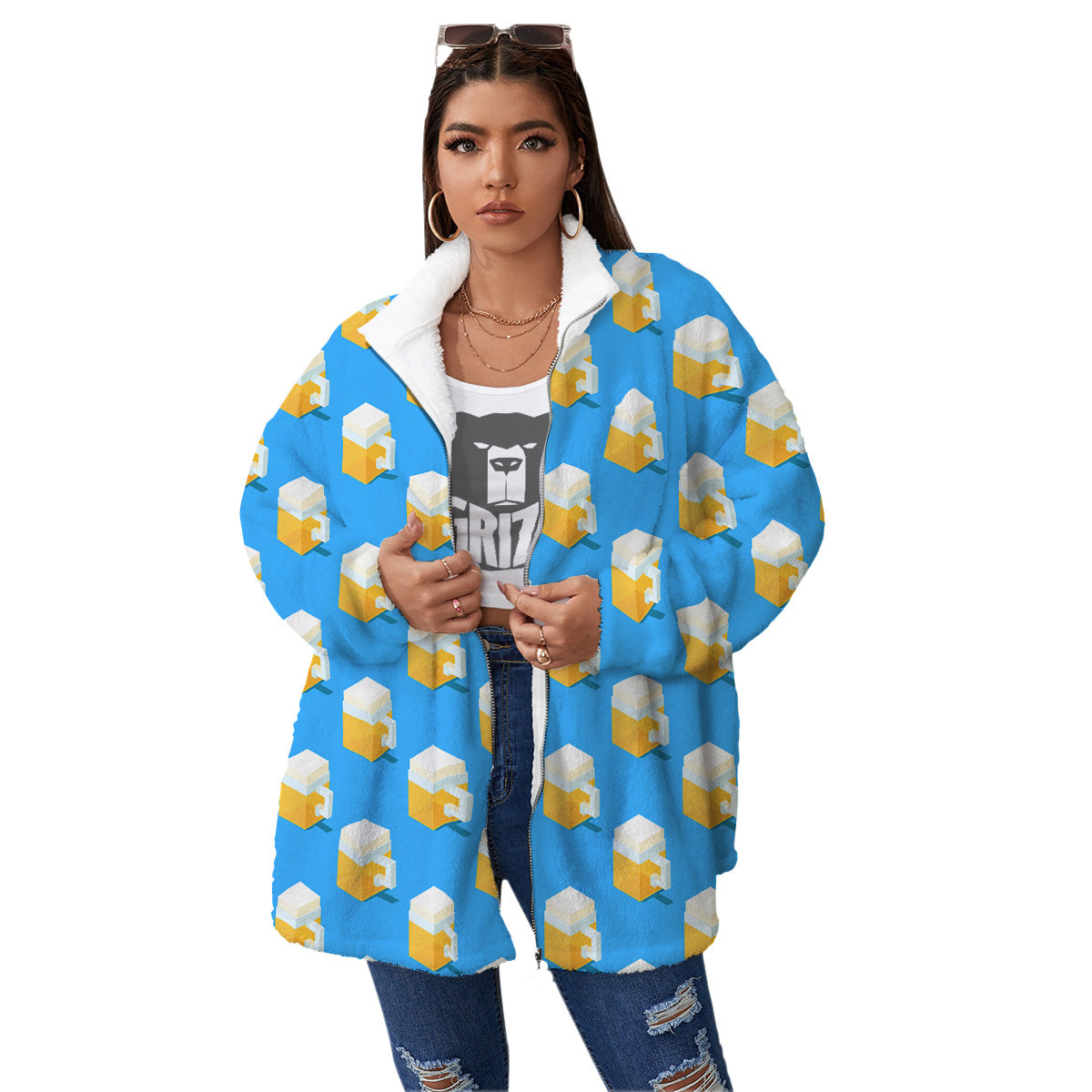Cubic Beer Mugs On Blue Print Pattern Women's Sherpa Jacket-grizzshop