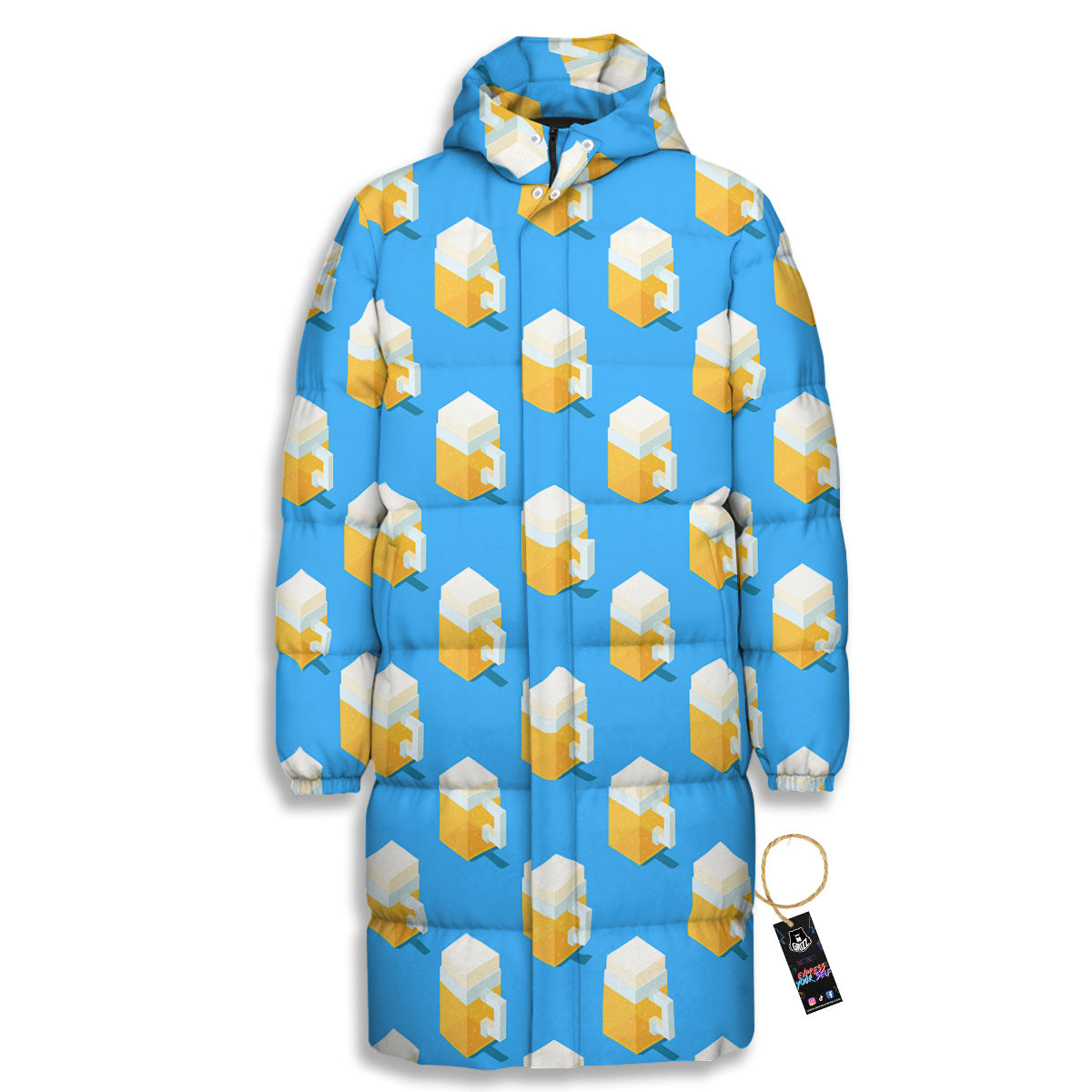 Cubic Beer Mugs On Blue Print Pattern Long Down Jacket