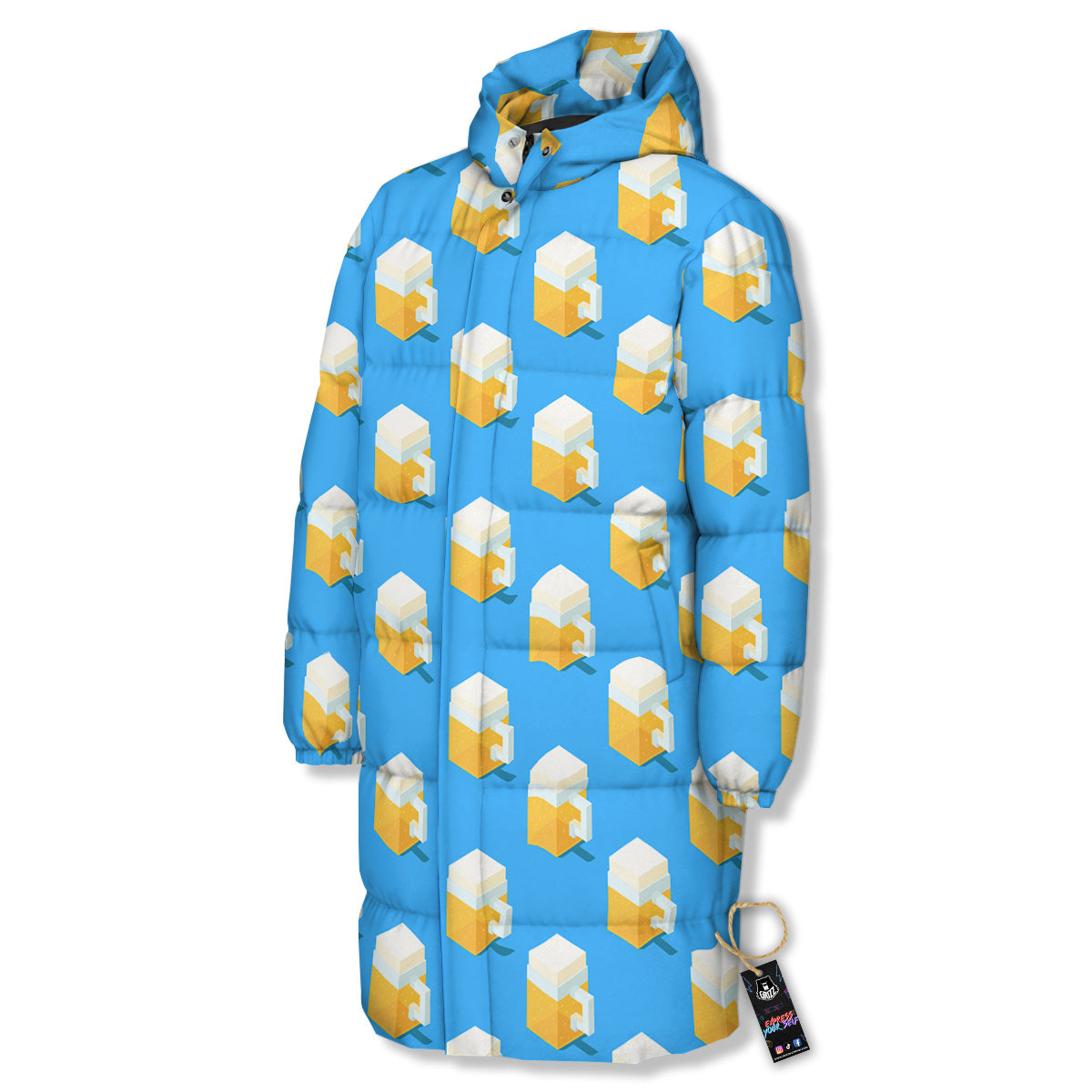 Cubic Beer Mugs On Blue Print Pattern Long Down Jacket