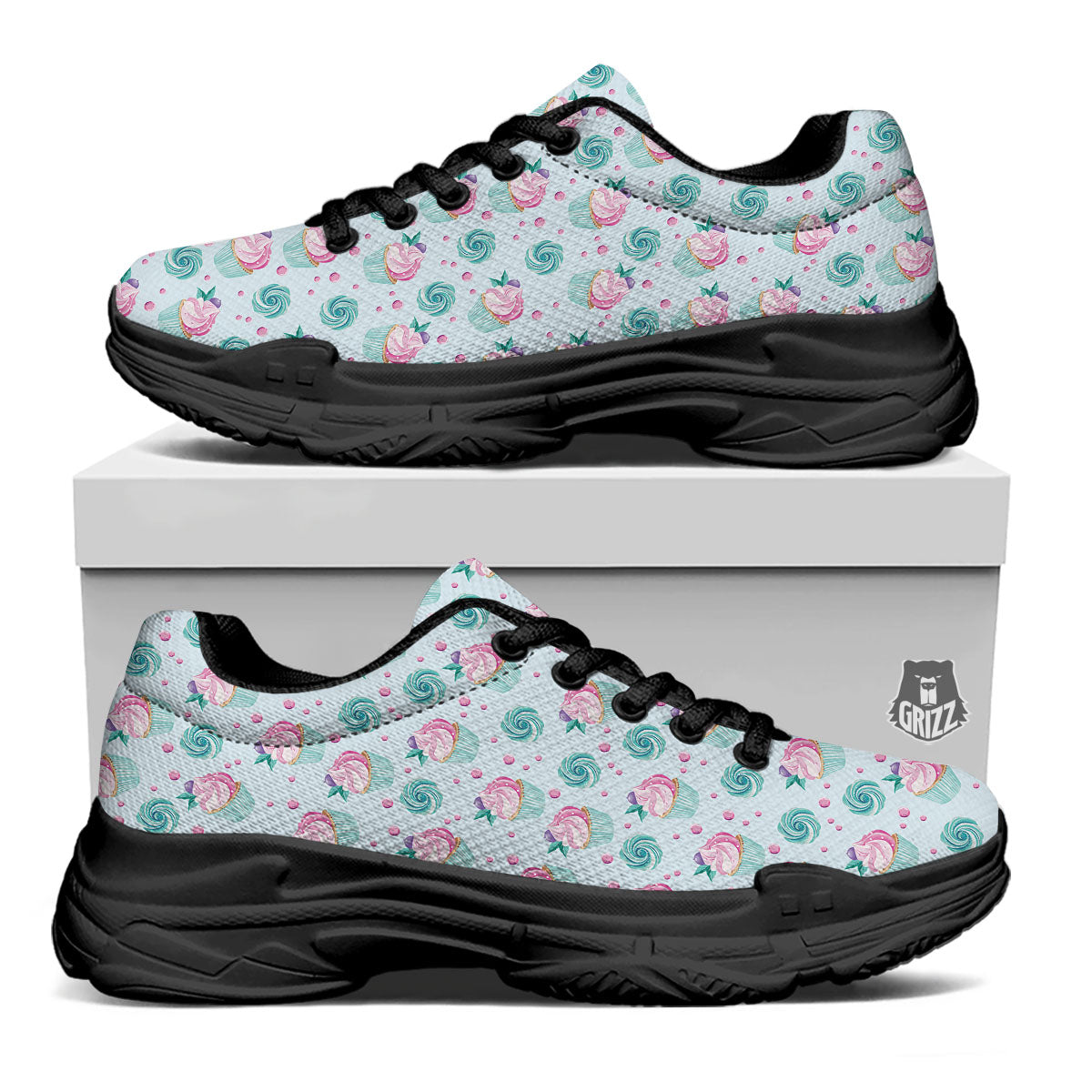 Cupcake Cartoon Print Pattern Black Chunky Shoes-grizzshop