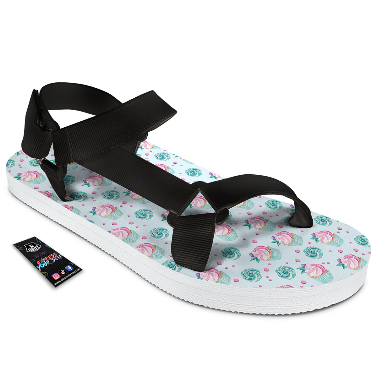 Cupcake Cartoon Print Pattern Black Open Toe Sandals-grizzshop