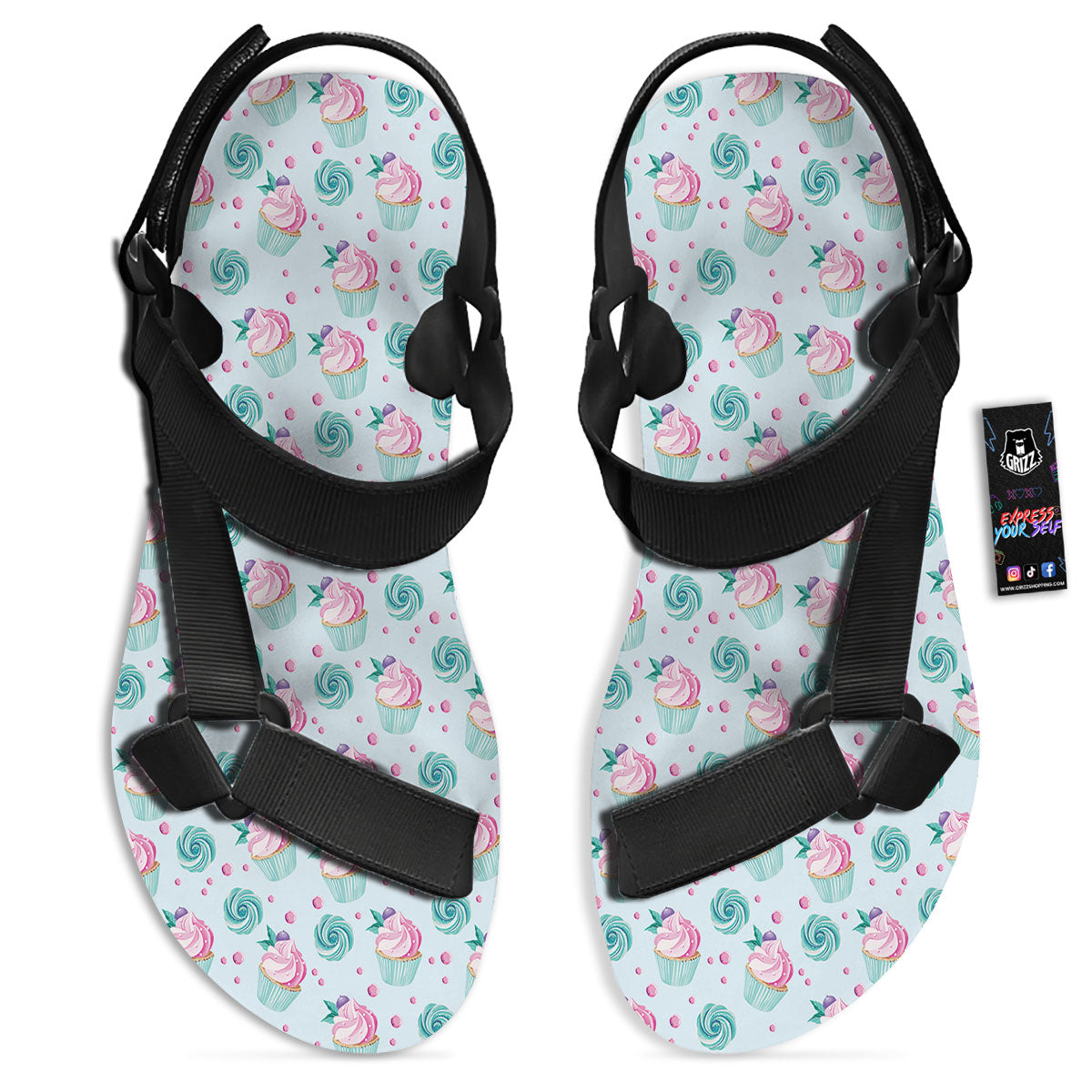 Cupcake Cartoon Print Pattern Black Open Toe Sandals-grizzshop