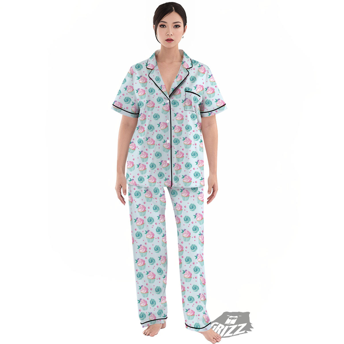 Cupcake Cartoon Print Pattern Women's Pajamas Set-grizzshop