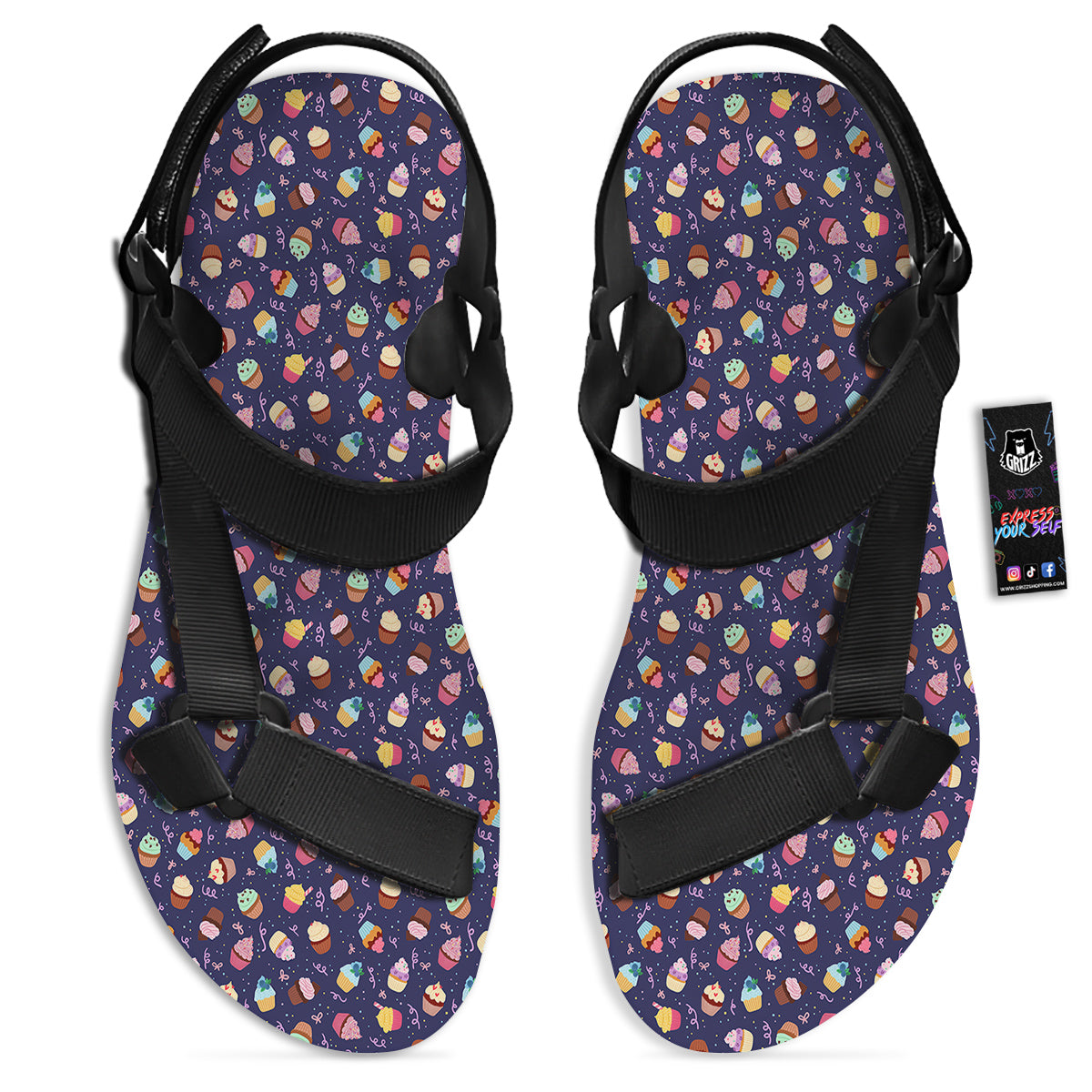 Cupcake Cute Print Pattern Black Open Toe Sandals-grizzshop