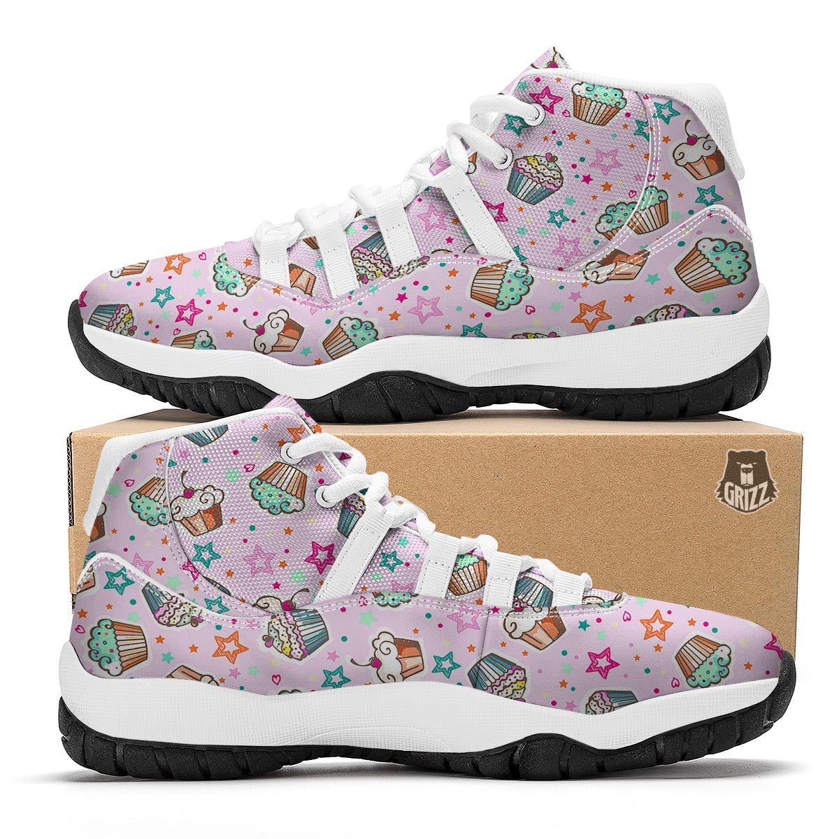 Cupcake Pattern Print White Bball Shoes-grizzshop