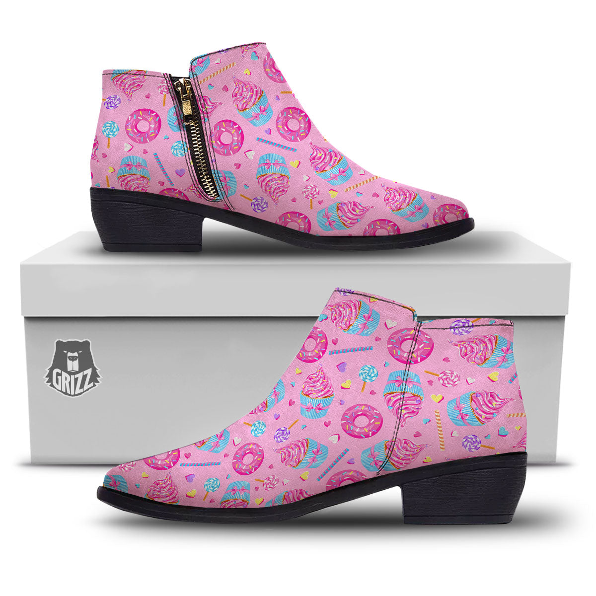 Cupcake Pink Print Pattern Ankle Boots-grizzshop