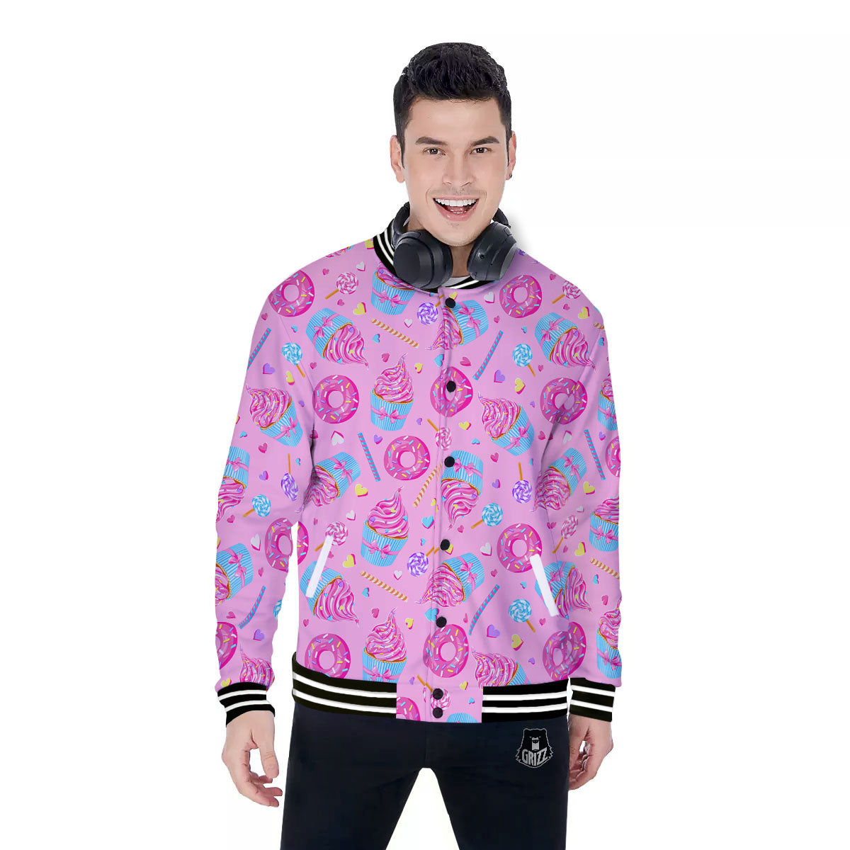 Cupcake Pink Print Pattern Baseball Jacket-grizzshop