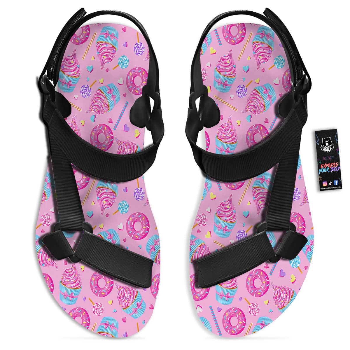 Cupcake Pink Print Pattern Black Open Toe Sandals-grizzshop