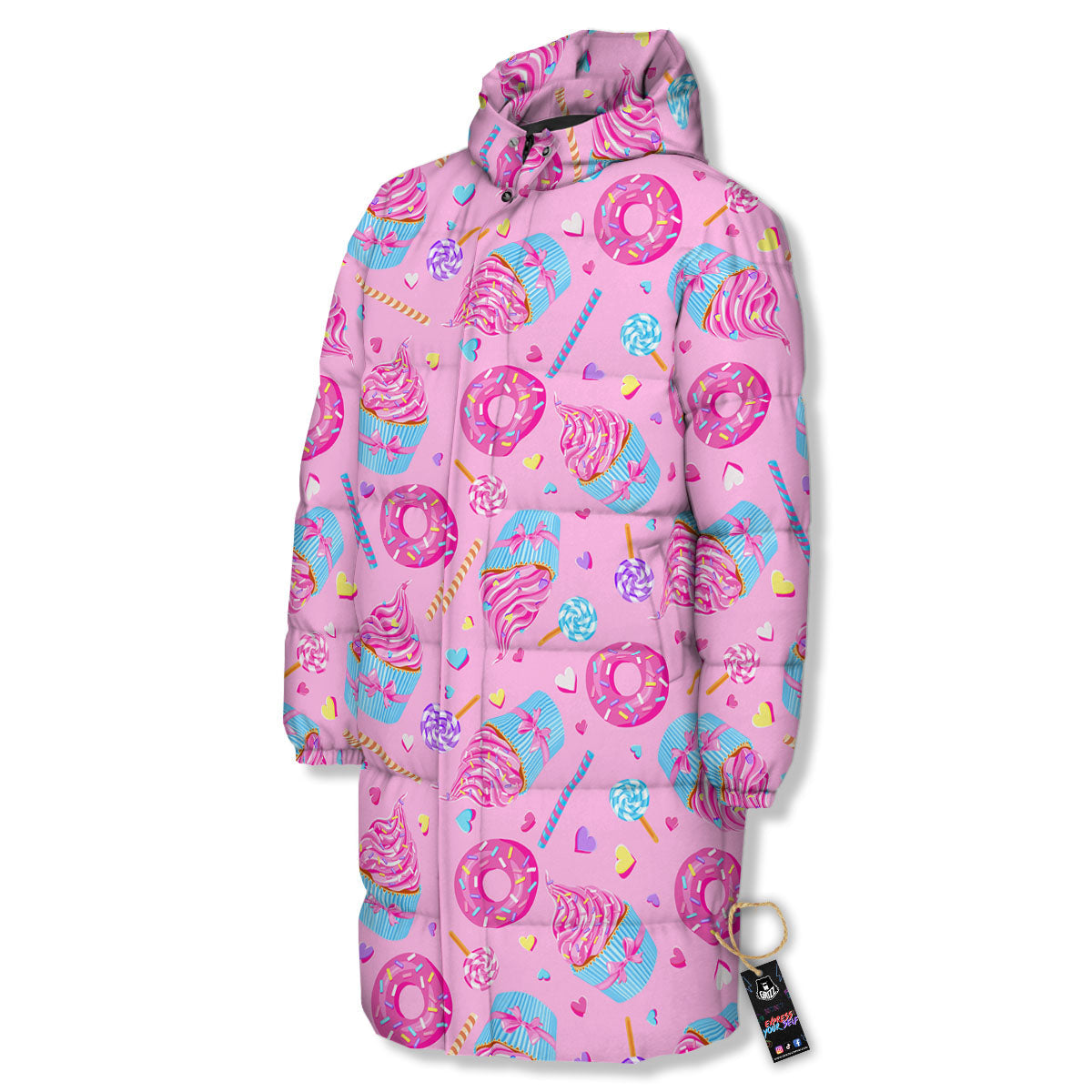 Cupcake Pink Print Pattern Long Down Jacket-grizzshop