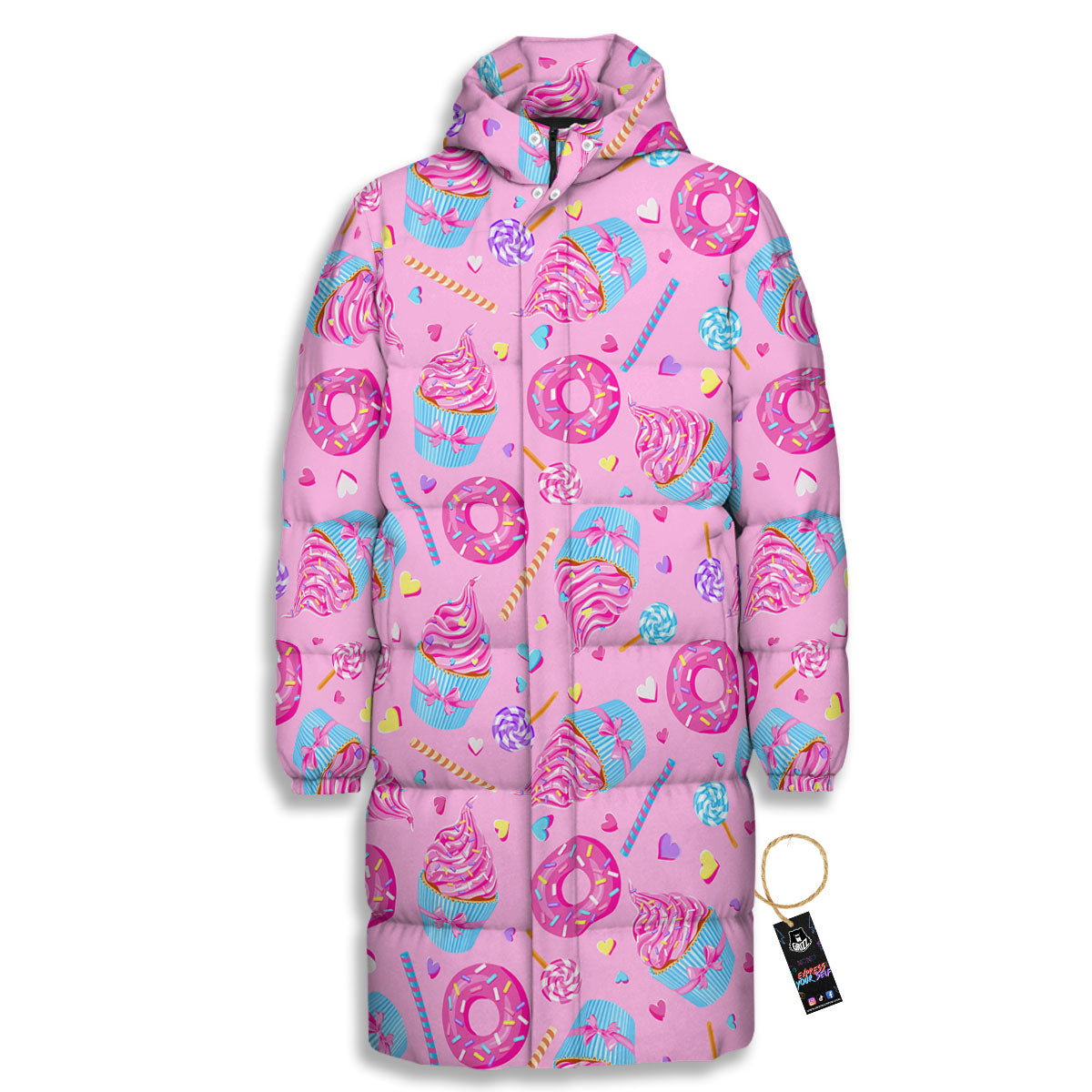 Cupcake Pink Print Pattern Long Down Jacket-grizzshop