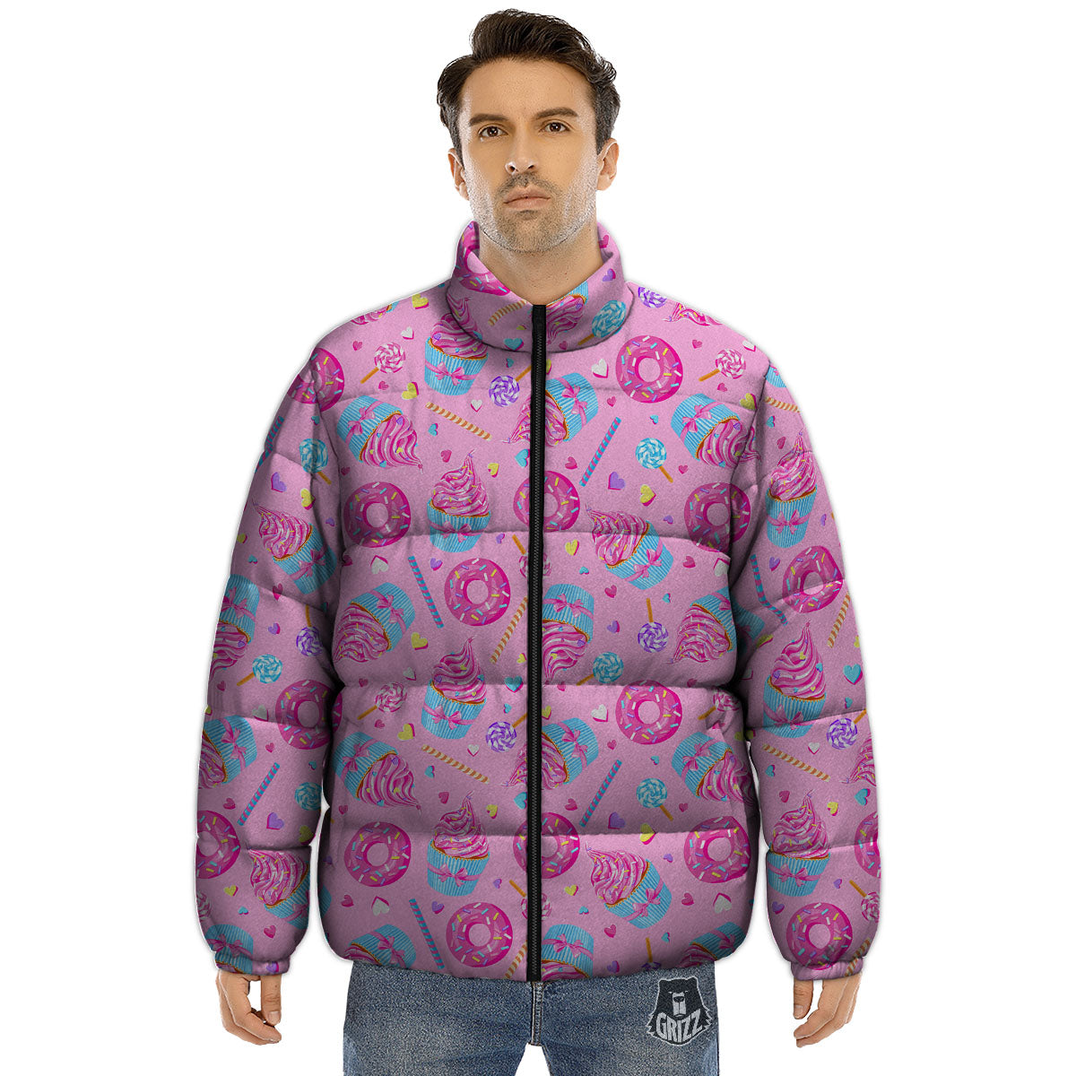 Cupcake Pink Print Pattern Puffer Jacket-grizzshop