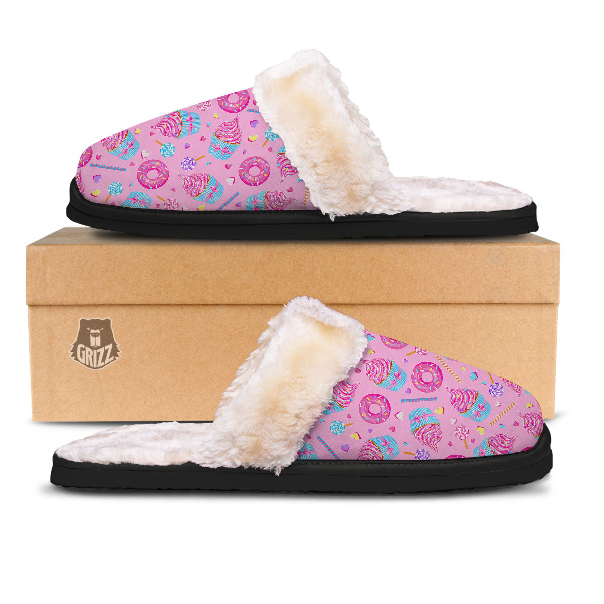 Cupcake Pink Print Pattern Slippers-grizzshop