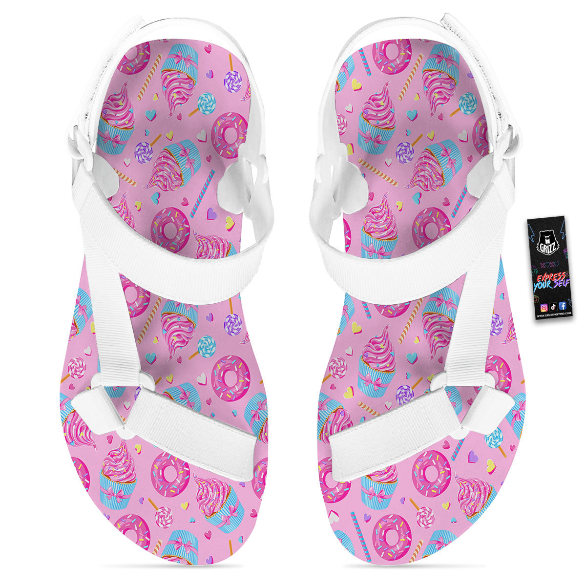 Cupcake Pink Print Pattern White Open Toe Sandals-grizzshop