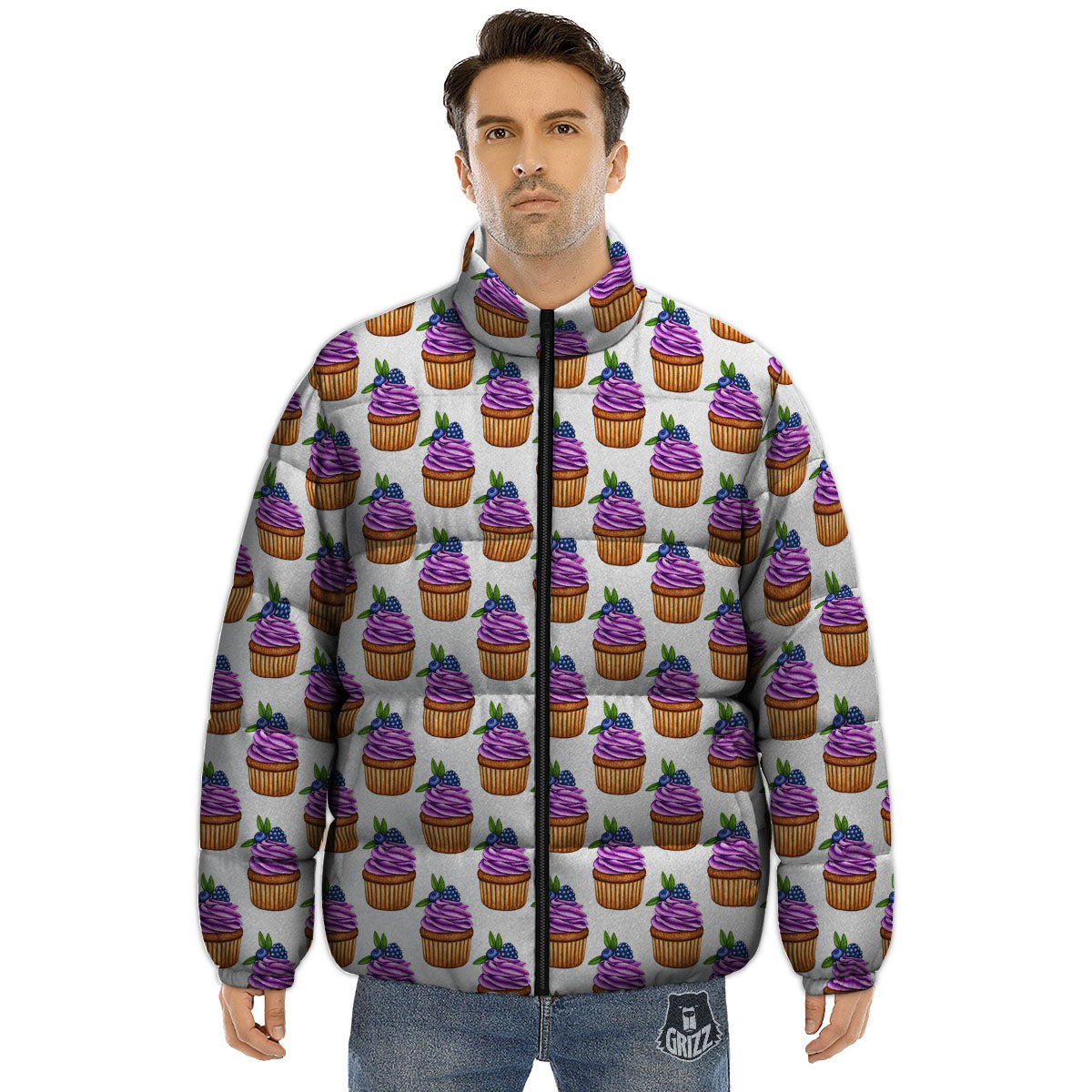 Cupcake Purple Print Pattern Puffer Jacket-grizzshop