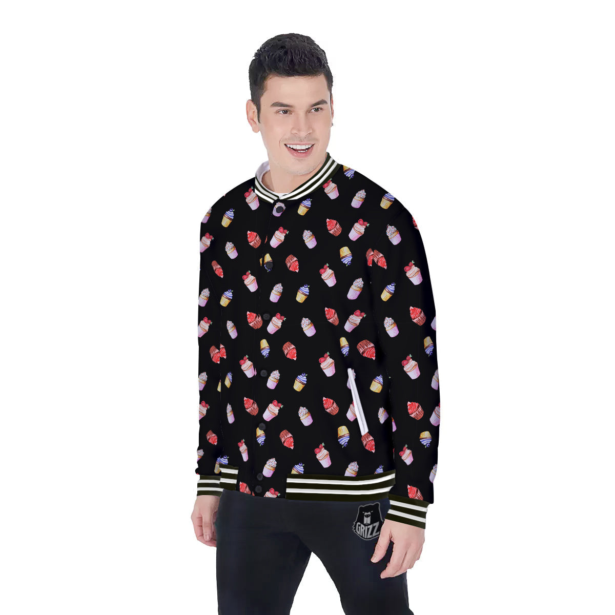 Cupcake Watercolor Print Pattern Baseball Jacket-grizzshop